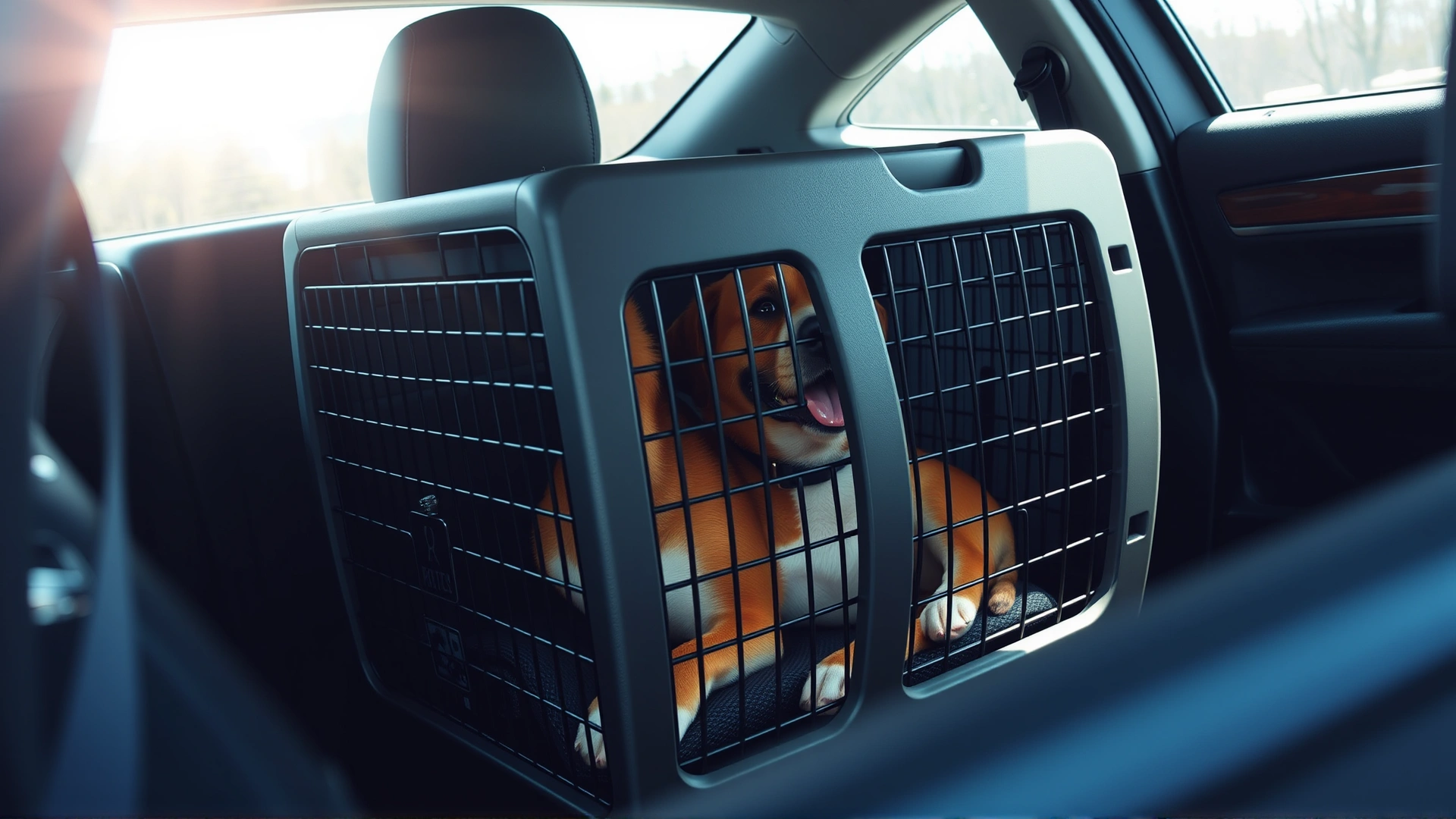 Dog comfortably seated in a secure travel crate placed on a car backseat, daylight streaming through windows, safety belt visible