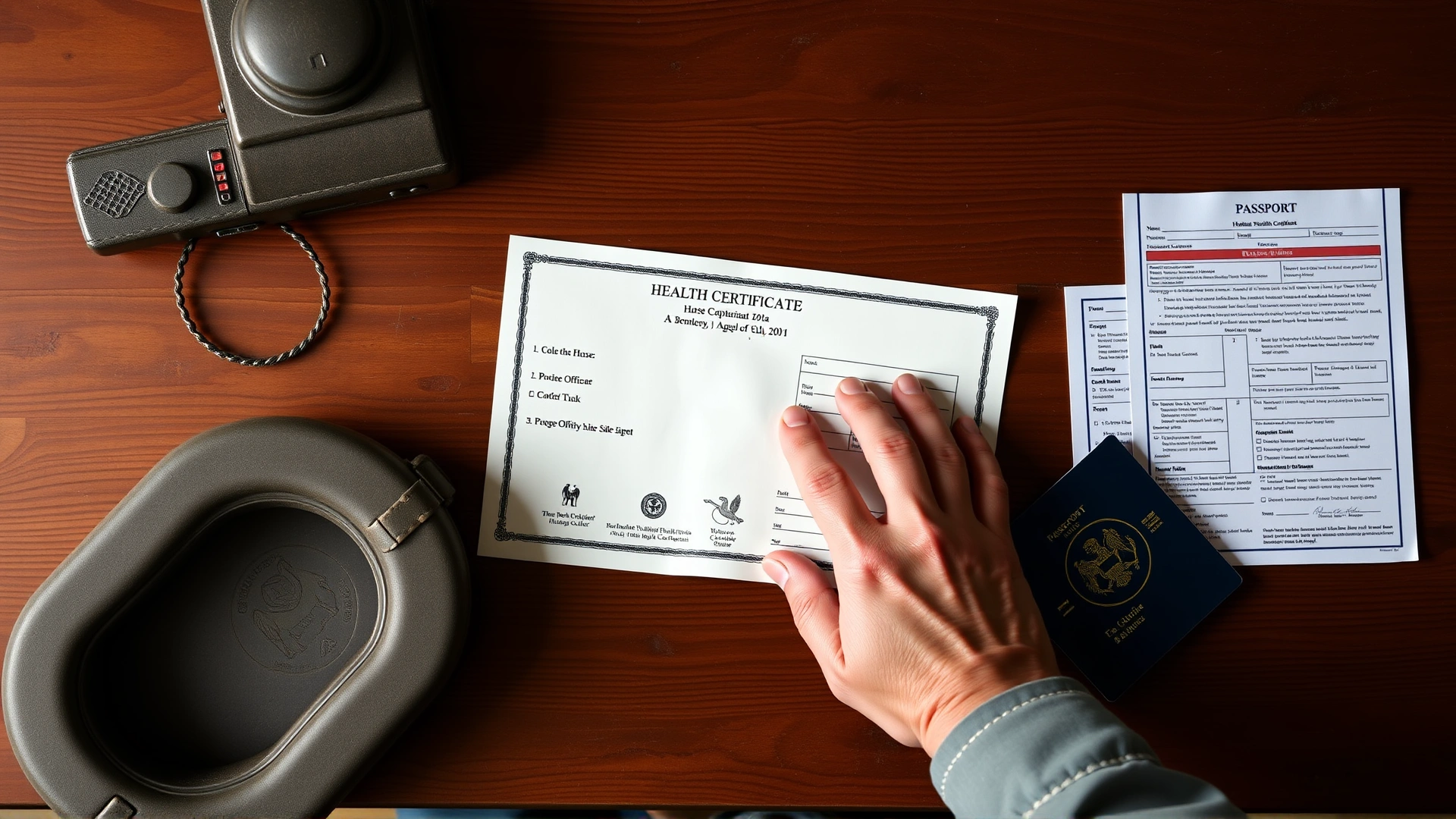 Top-down view of a hand placing a horse health certificate, Coggins paperwork, and a passport on a wooden stable desk.