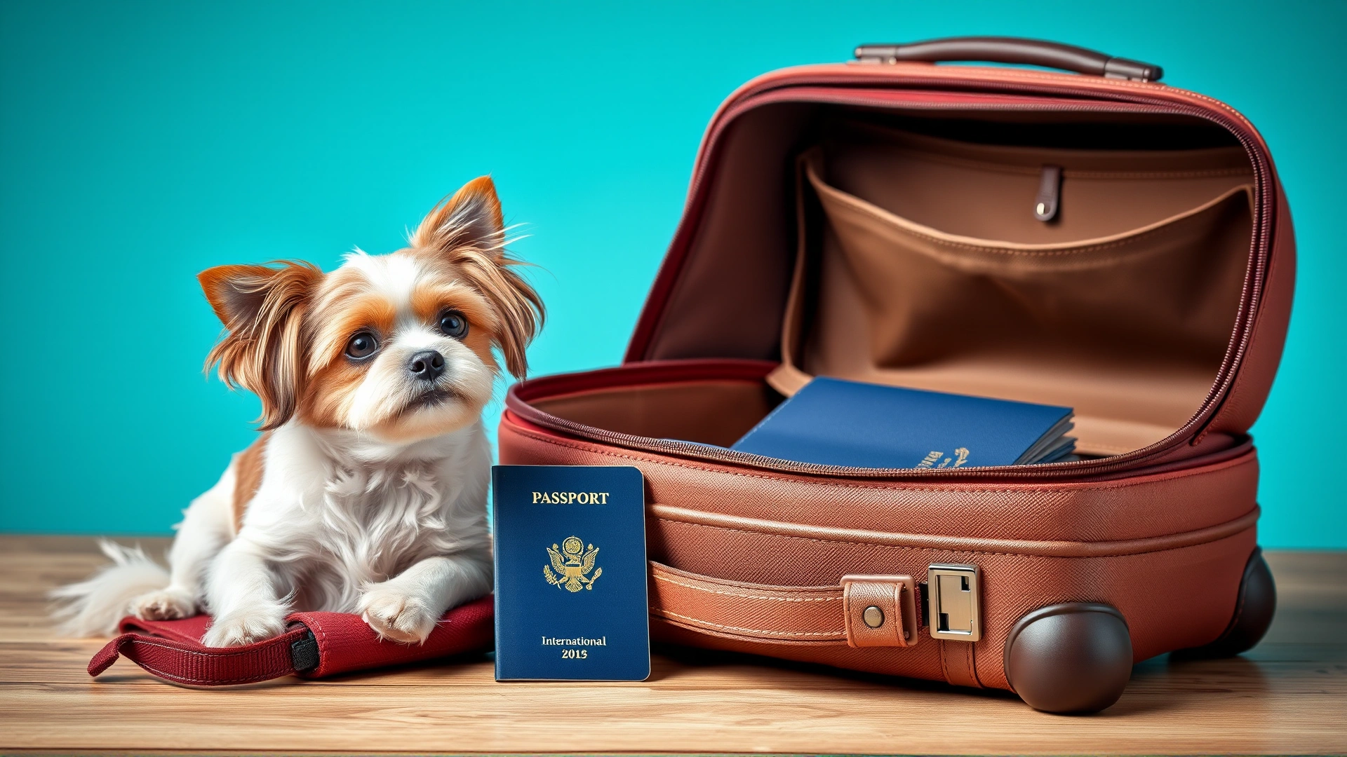 Small dog sitting next to an open suitcase and an international pet passport, symbolizing travel requirements.