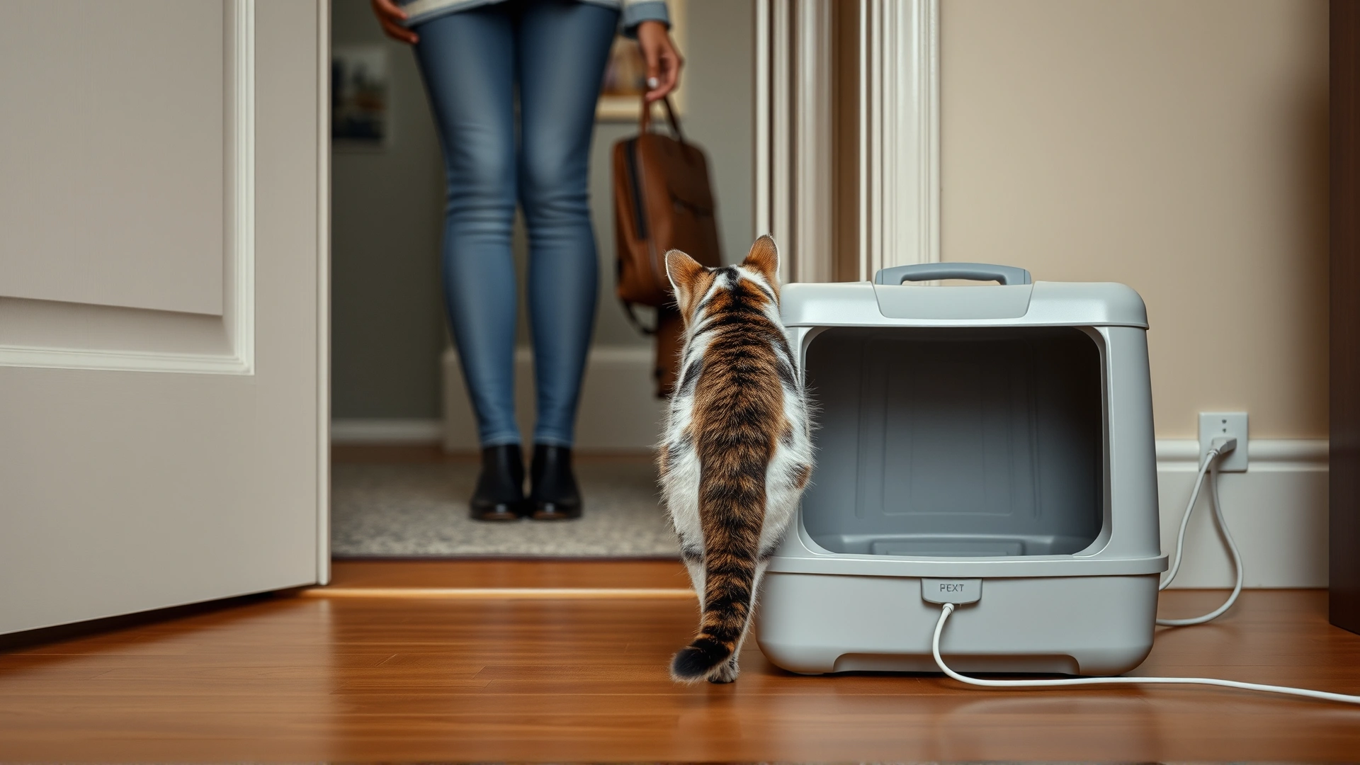 Cat owner with a suitcase at the doorway, looking back at a self-cleaning litter box plugged in and ready, indicating ease of travel, no text.