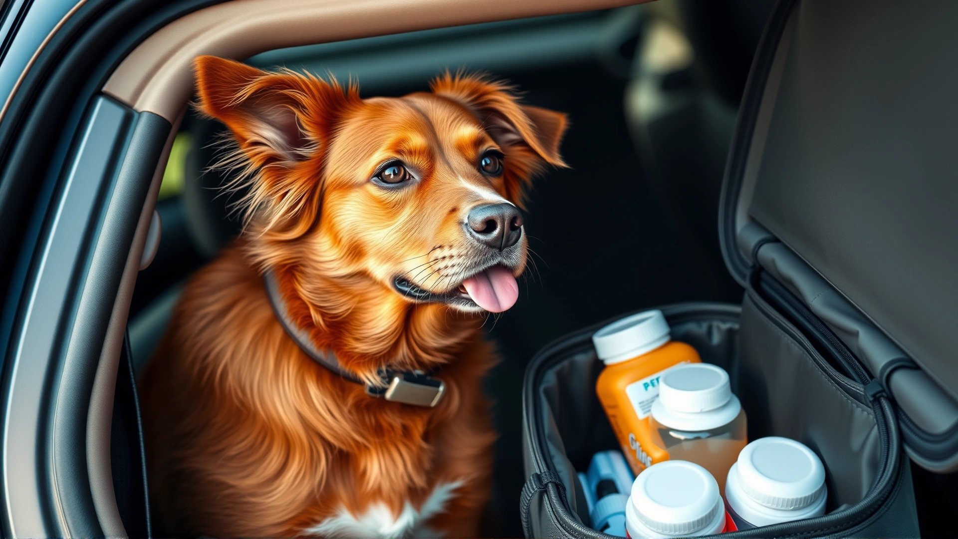 Dog sitting in a car with a travel cooler bag containing neatly packed pet medications
