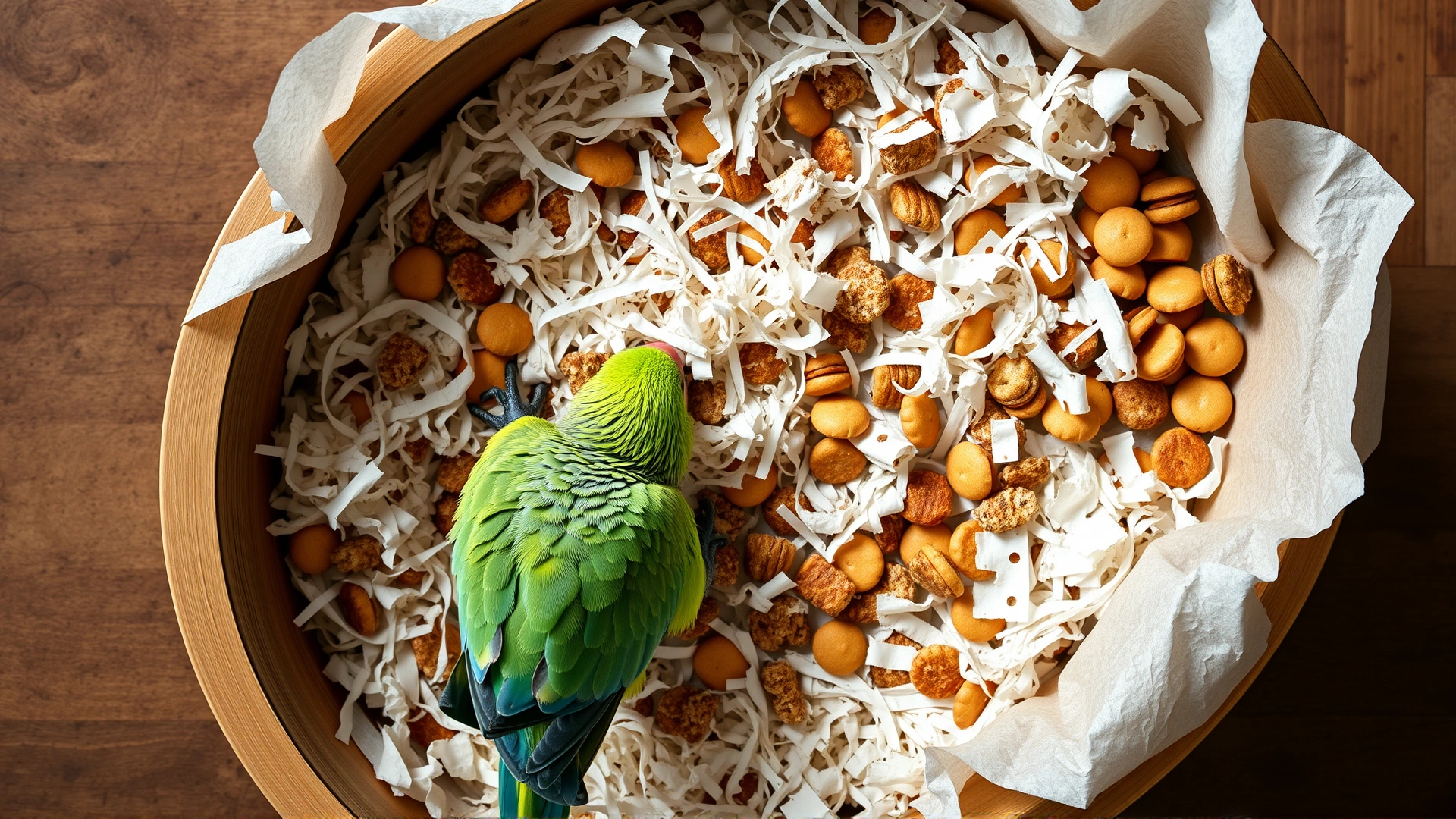 Top view of a foraging tray filled with shredded paper and hidden treats, with a parrot actively searching inside