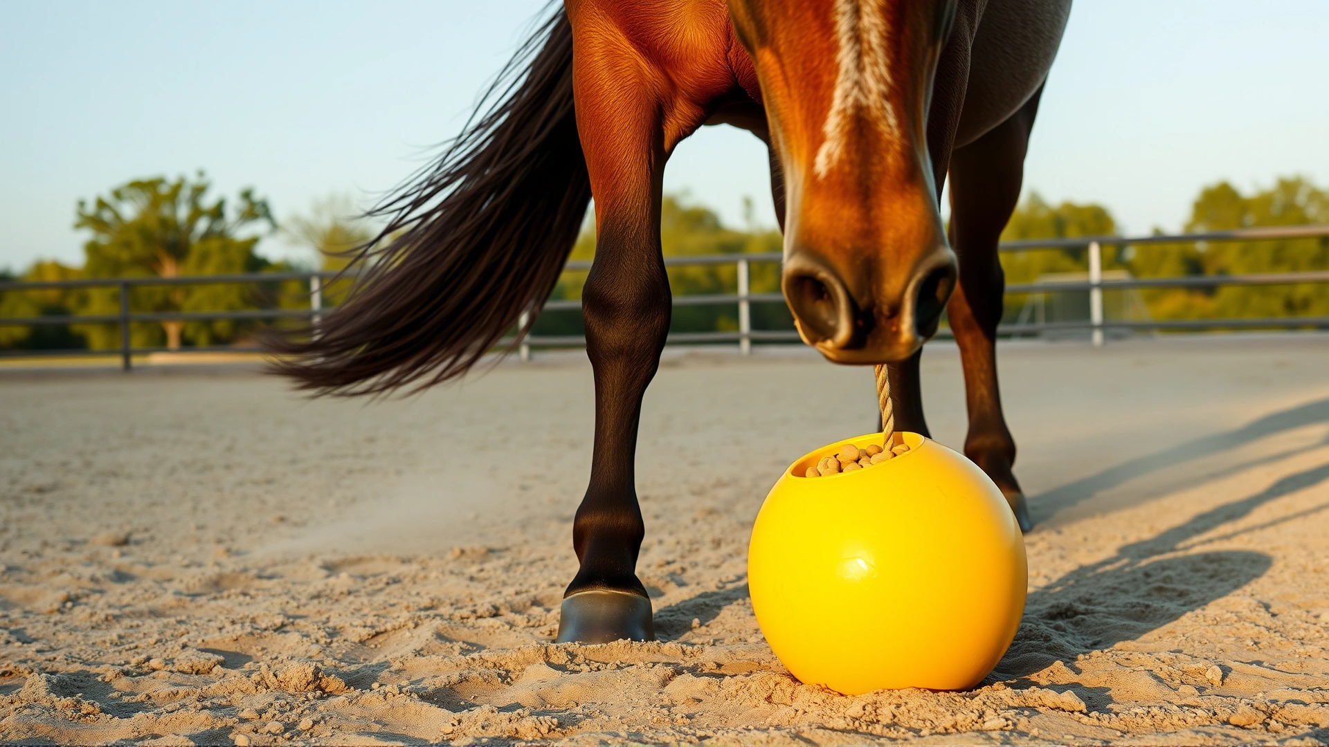 Horse nudging a large yellow treat-dispensing ball across a sandy arena, dust particles visible, late afternoon sun.