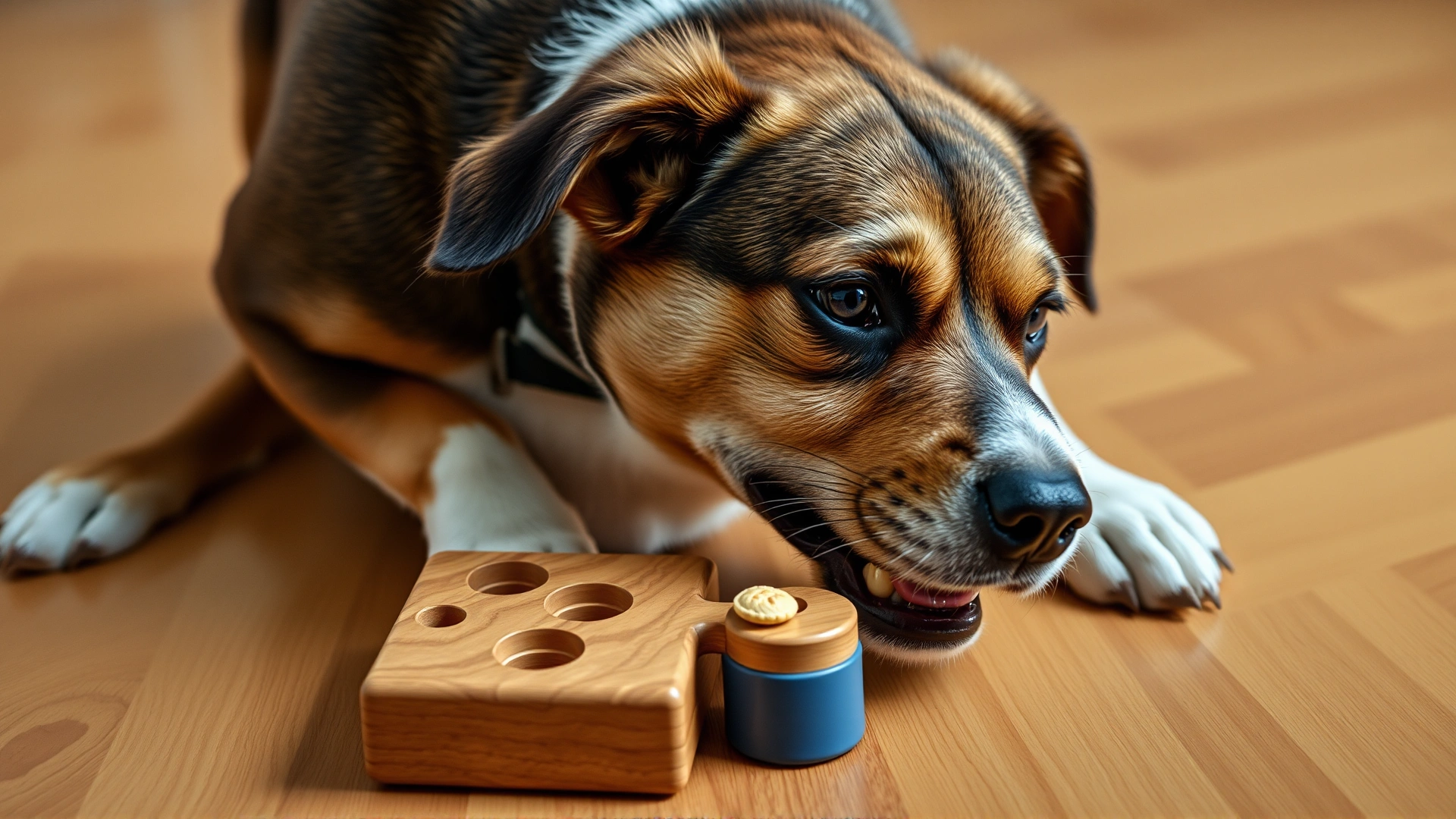 Dog intensely focused on a treat-dispensing puzzle toy on the floor, hardwood background