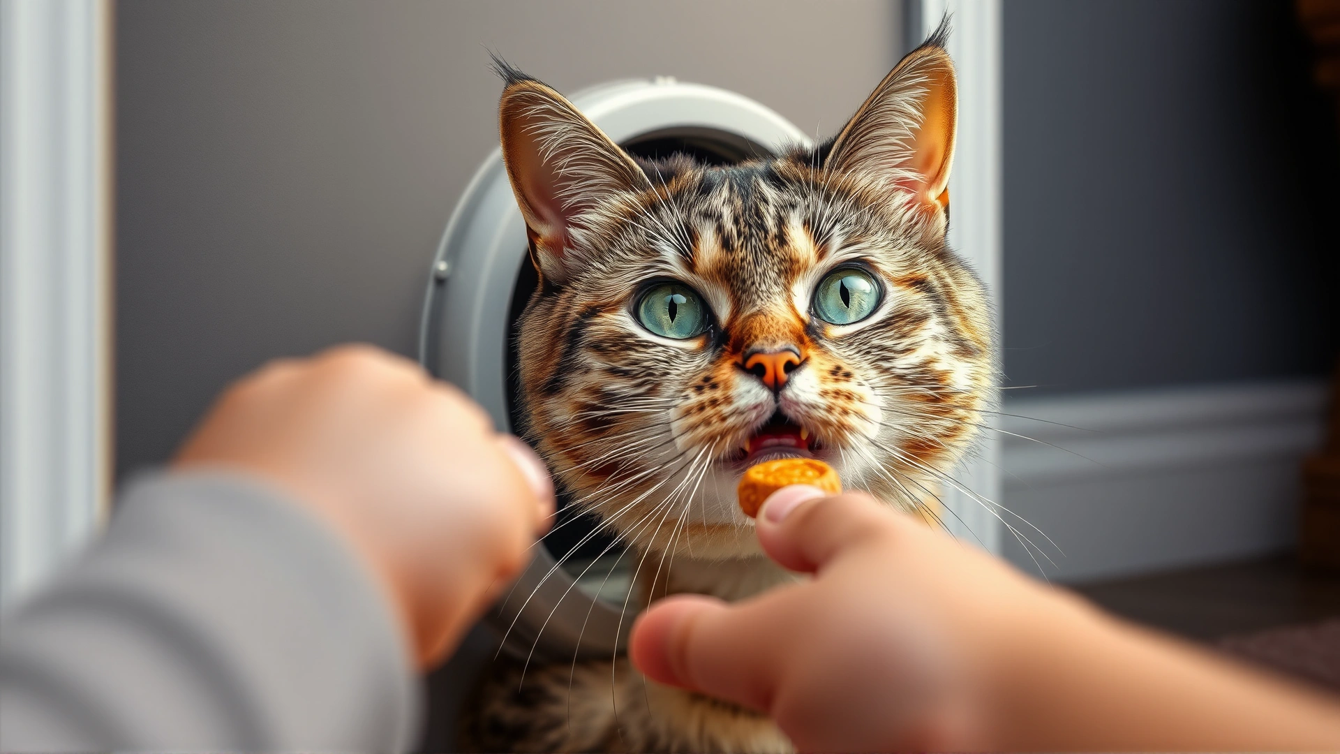 Domestic cat poking its head through an open cat door towards a hand offering a treat on the other side