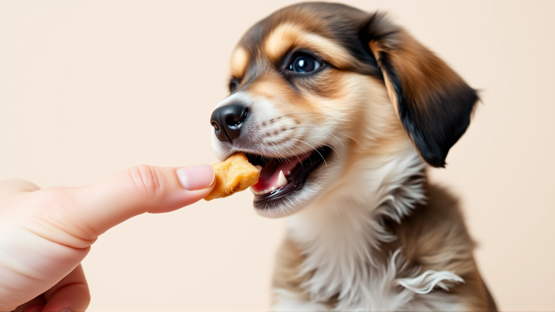 Cute puppy receiving a small healthy treat from a human hand, plain soft background