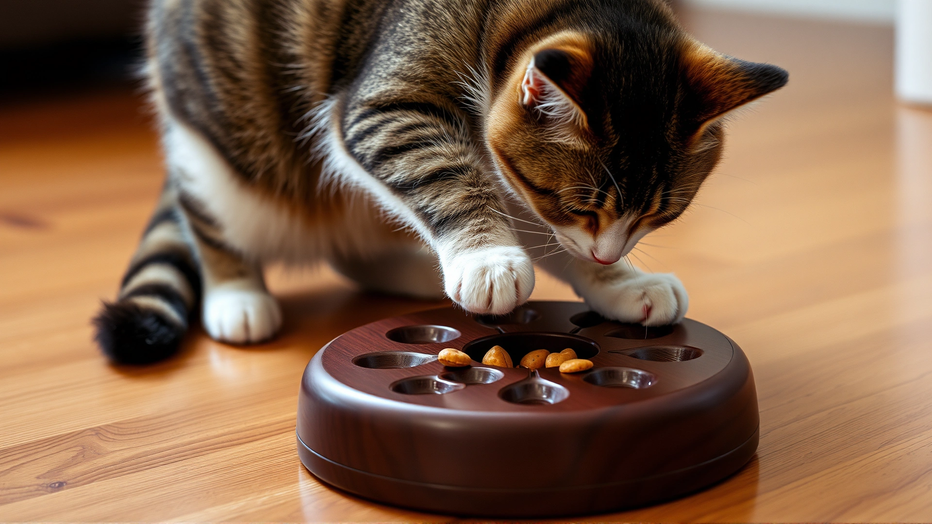Cat pawing at a treat-dispensing puzzle toy placed on a hardwood floor.