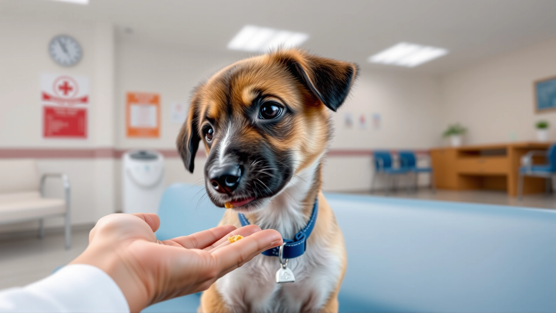A puppy receiving a small treat from its owner’s hand inside a vet clinic waiting area, emphasizing positive reinforcement, no text.