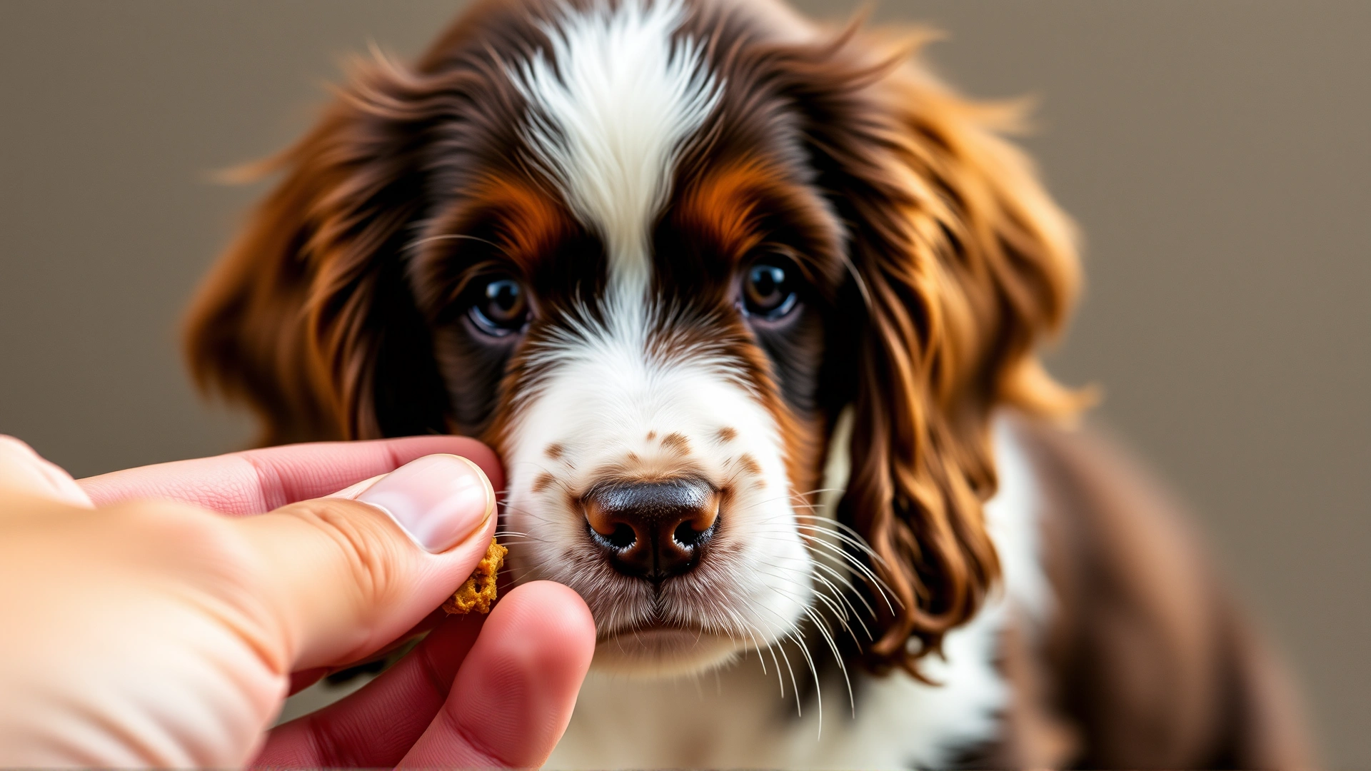 Close-up of hand giving small healthy treat to a Springer Spaniel puppy