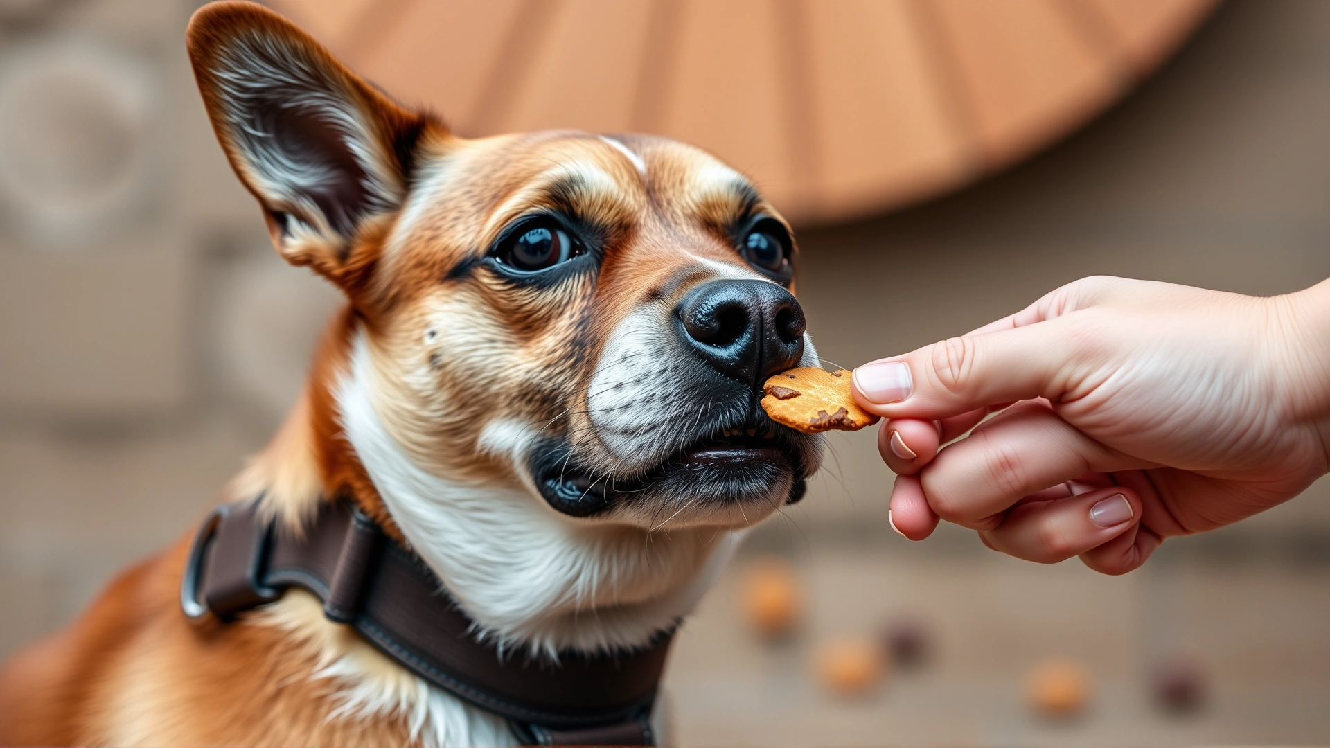 Close-up of a hand offering high-value treats to a focused dog wearing a harness.