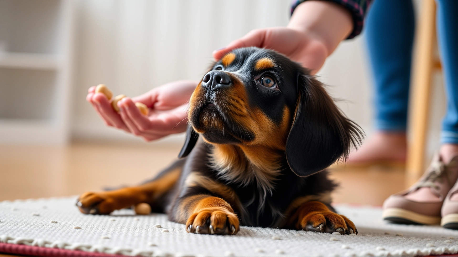 Dog looking up eagerly at trainer holding small treats, indoors on puppy training mat, shallow depth of field.