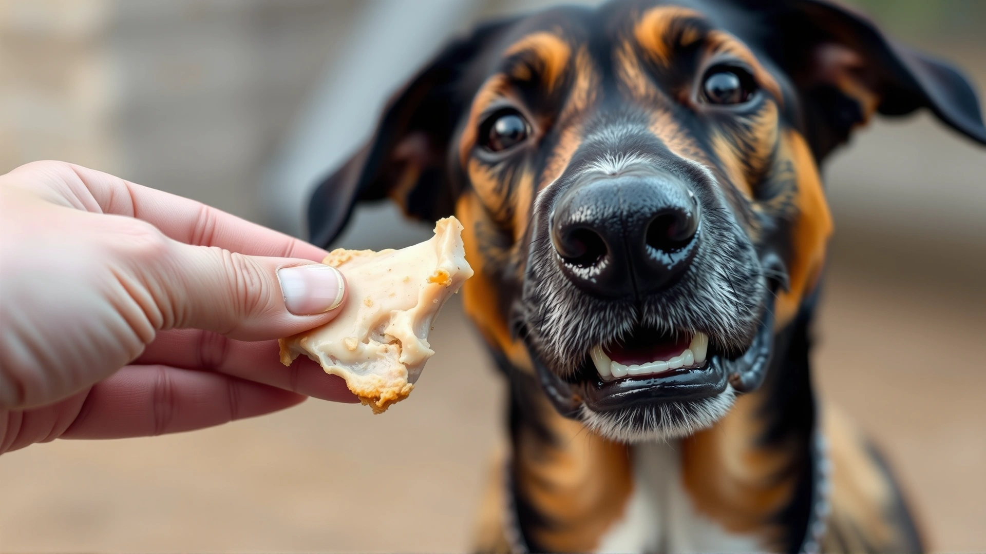 Close-up shot of a hand offering a small piece of chicken to an eager dog, blurred background