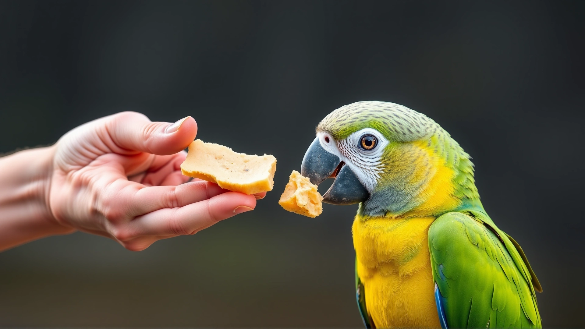 Person offering a small healthy treat to a parrot after successful training action, highlighting positive reinforcement.