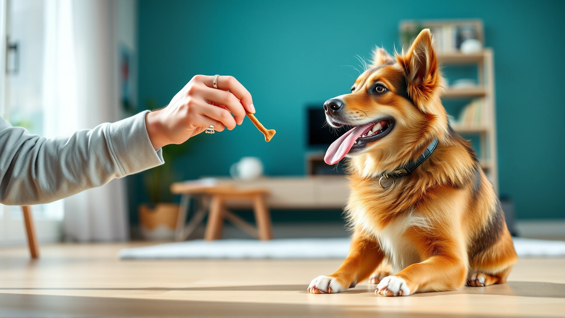 Owner holding a small treat and giving a command to a happy dog sitting attentively in a bright living room, shallow depth of field