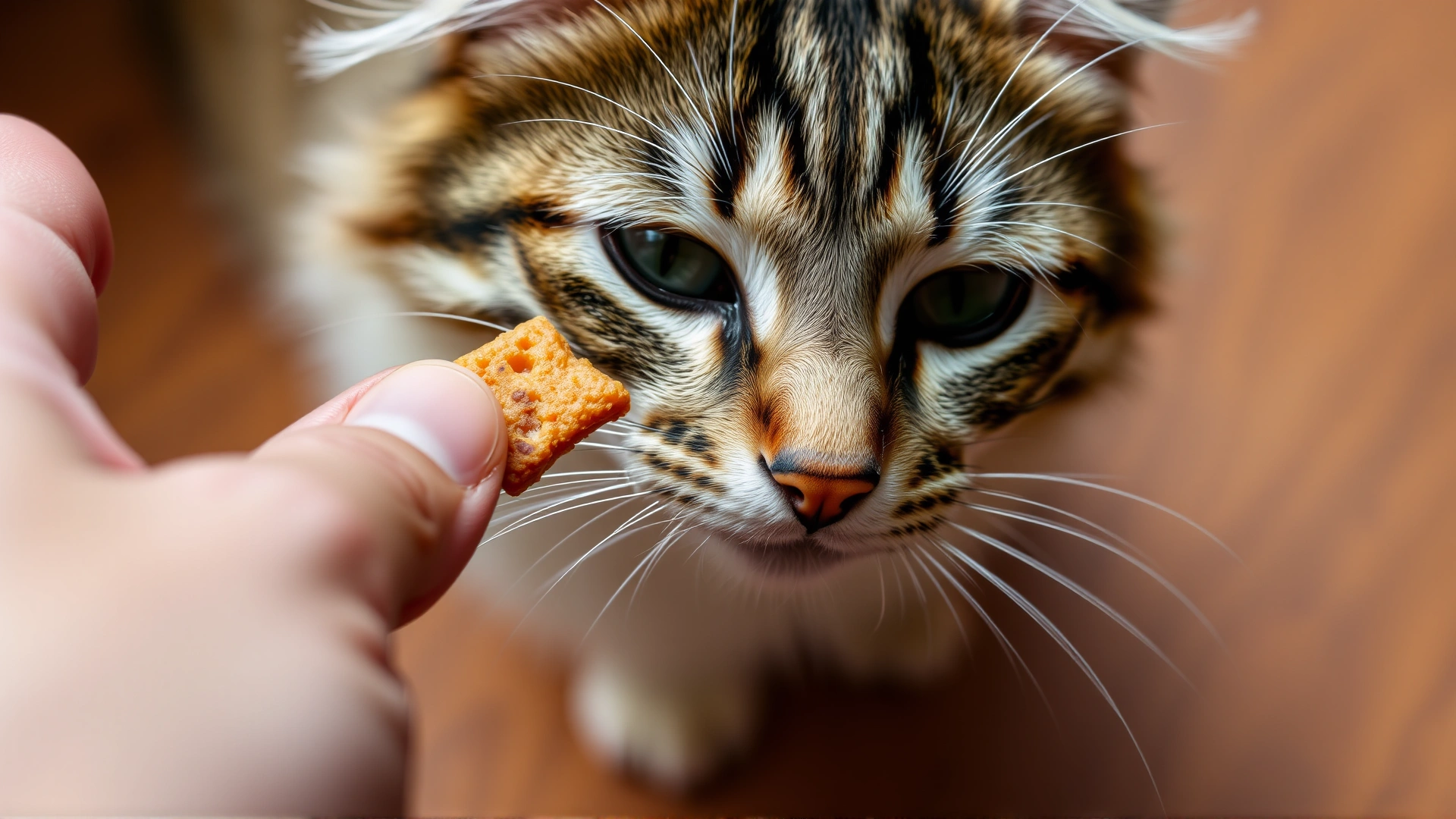 Hand offering a small cat treat while the cat leans forward to sniff it, captured at eye level