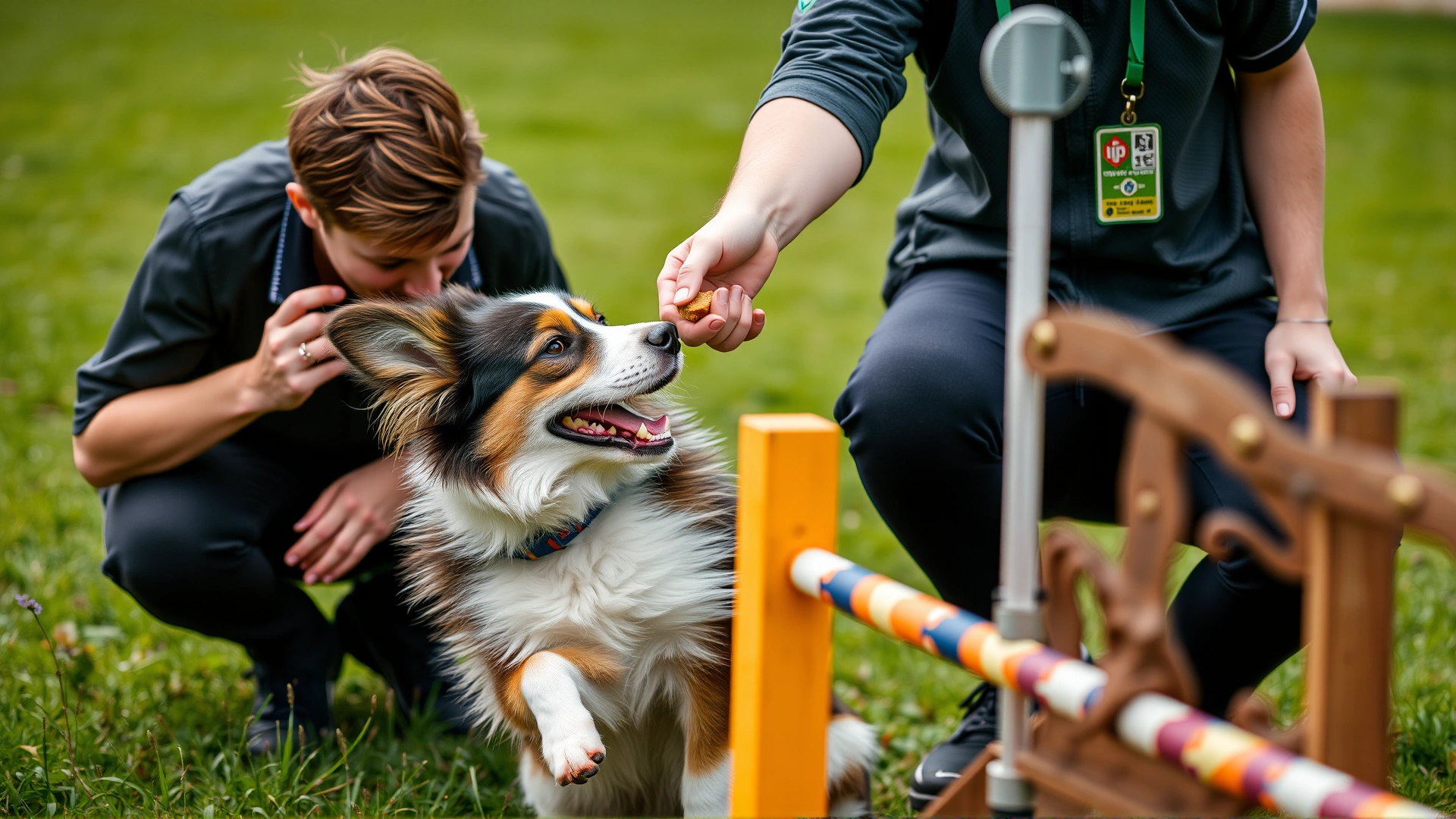 Close-up of a trainer crouching next to a small jump, rewarding a happy dog with a treat mid-training session.