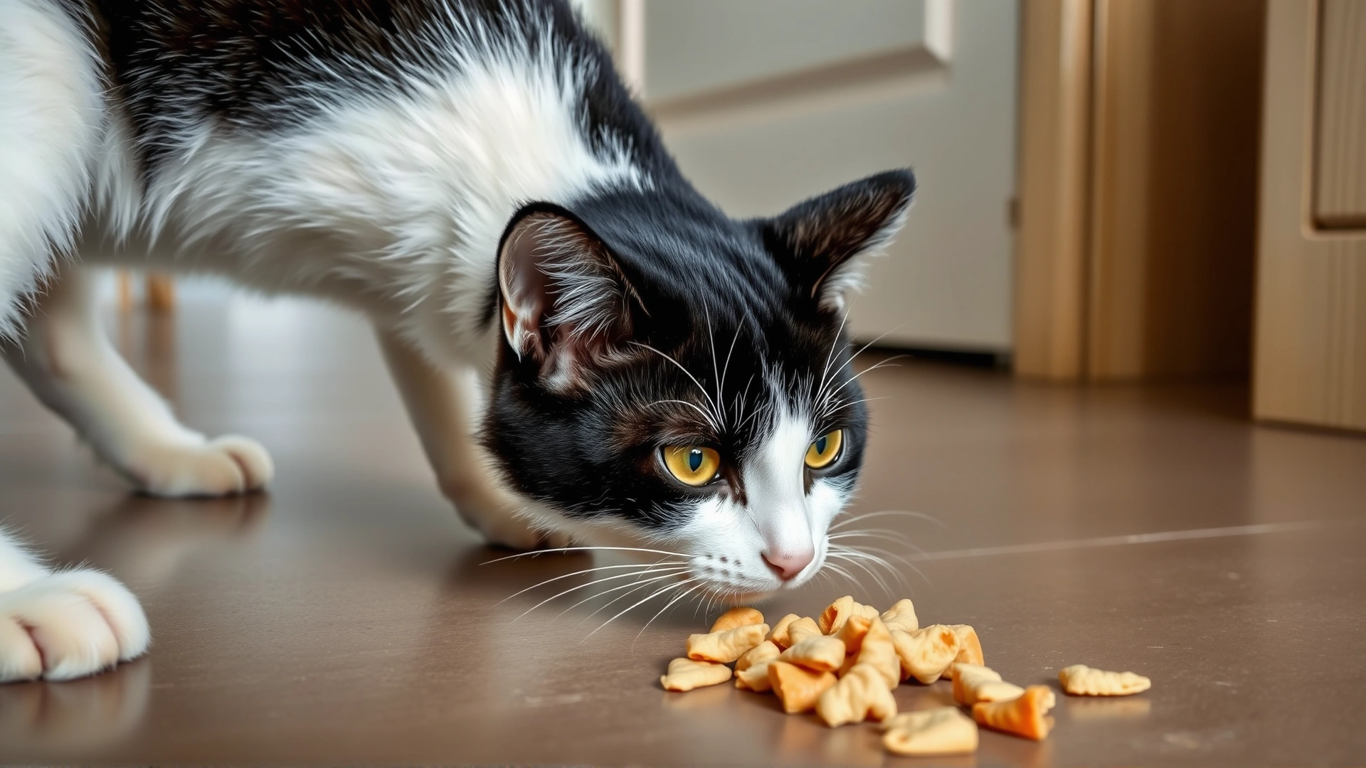 Playful scene of a black and white cat sniffing a small portion of freeze-dried chicken treats on the floor.