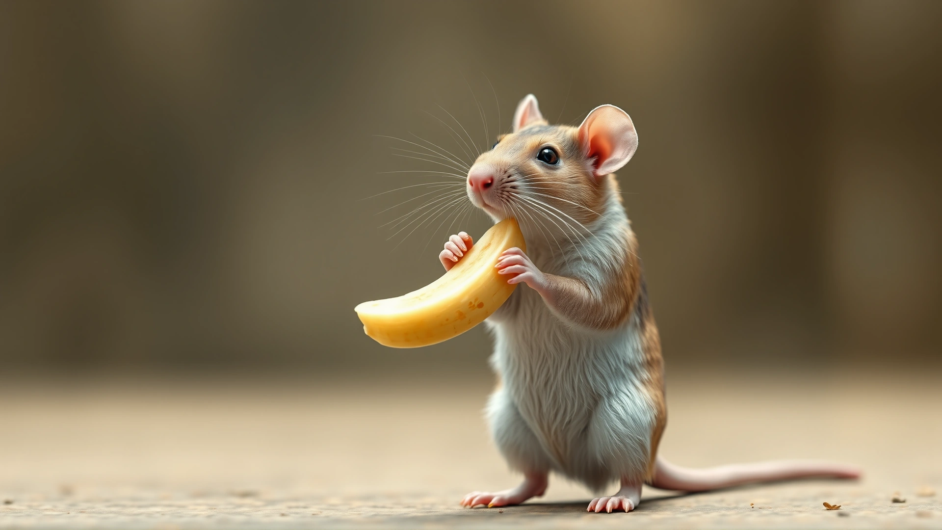 Pet rat standing on hind legs holding a slice of banana as a treat, shallow depth of field