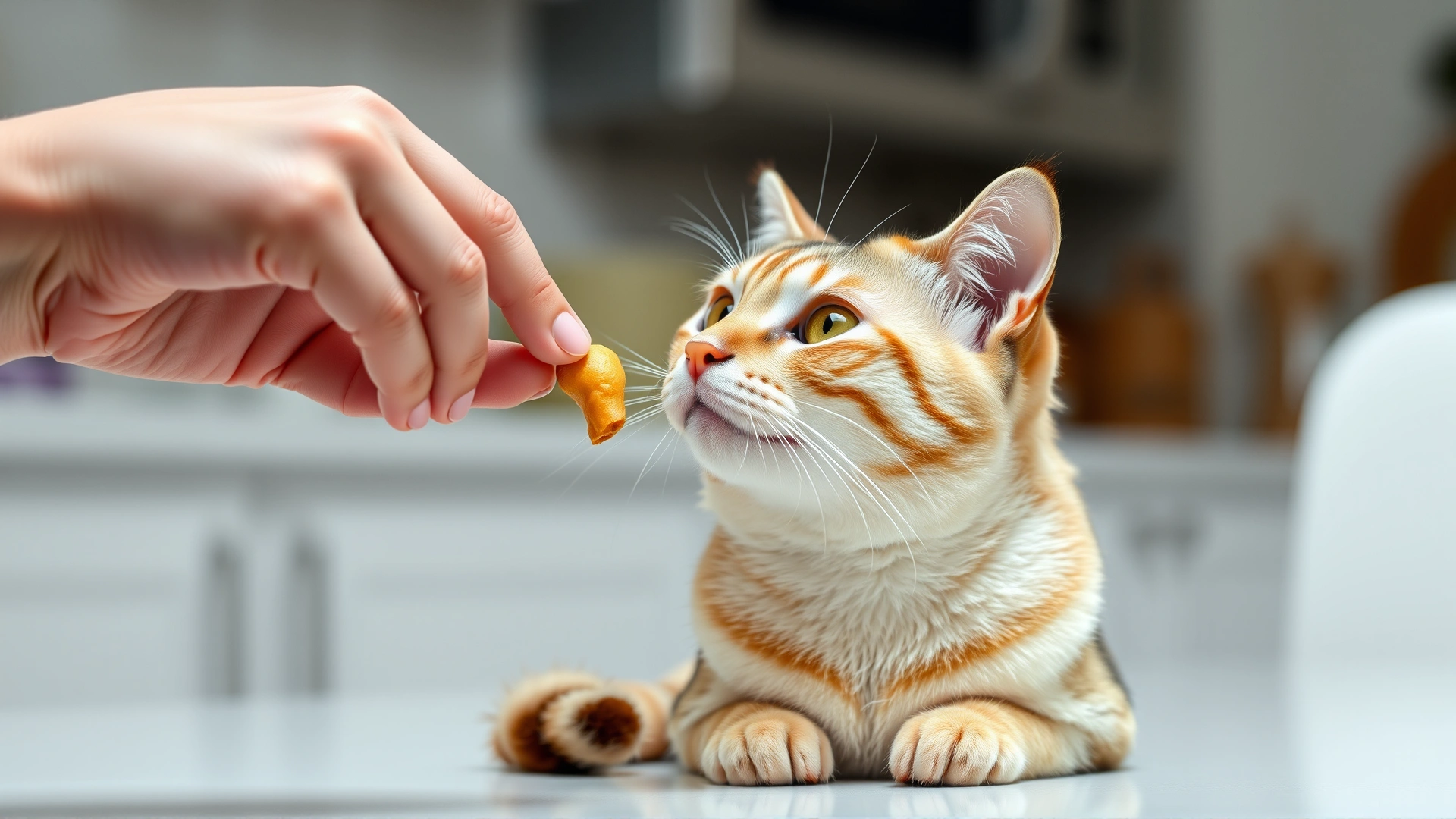 Human hand offering a small cat treat to an attentive adult cat seated calmly, kitchen background blurred
