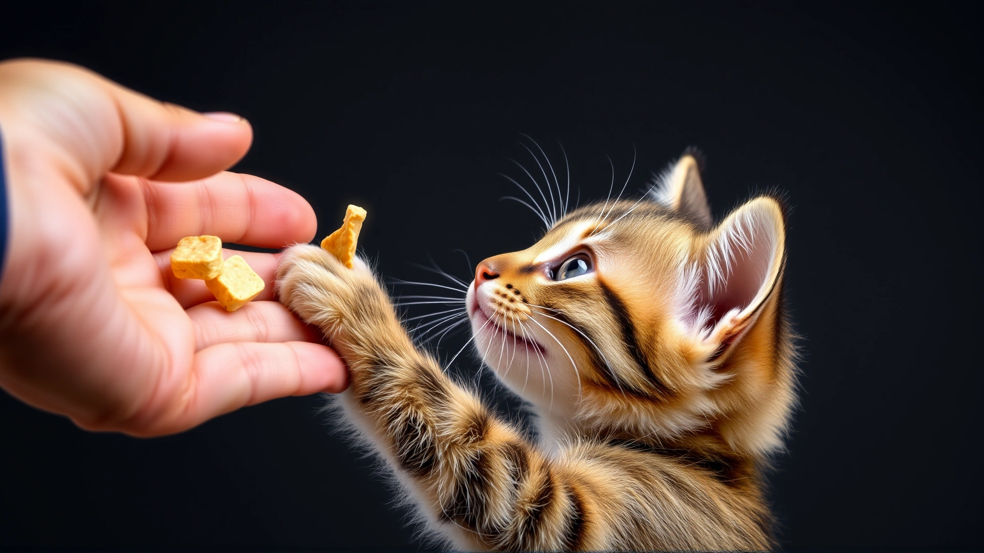 Kitten eagerly reaching for a treat held by a human hand, showcasing positive reinforcement training