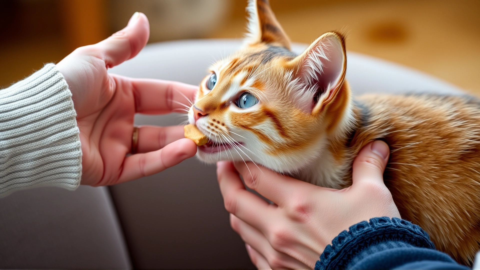 Hand giving a cat a treat while another hand gently touches the cat's side to illustrate positive reinforcement training