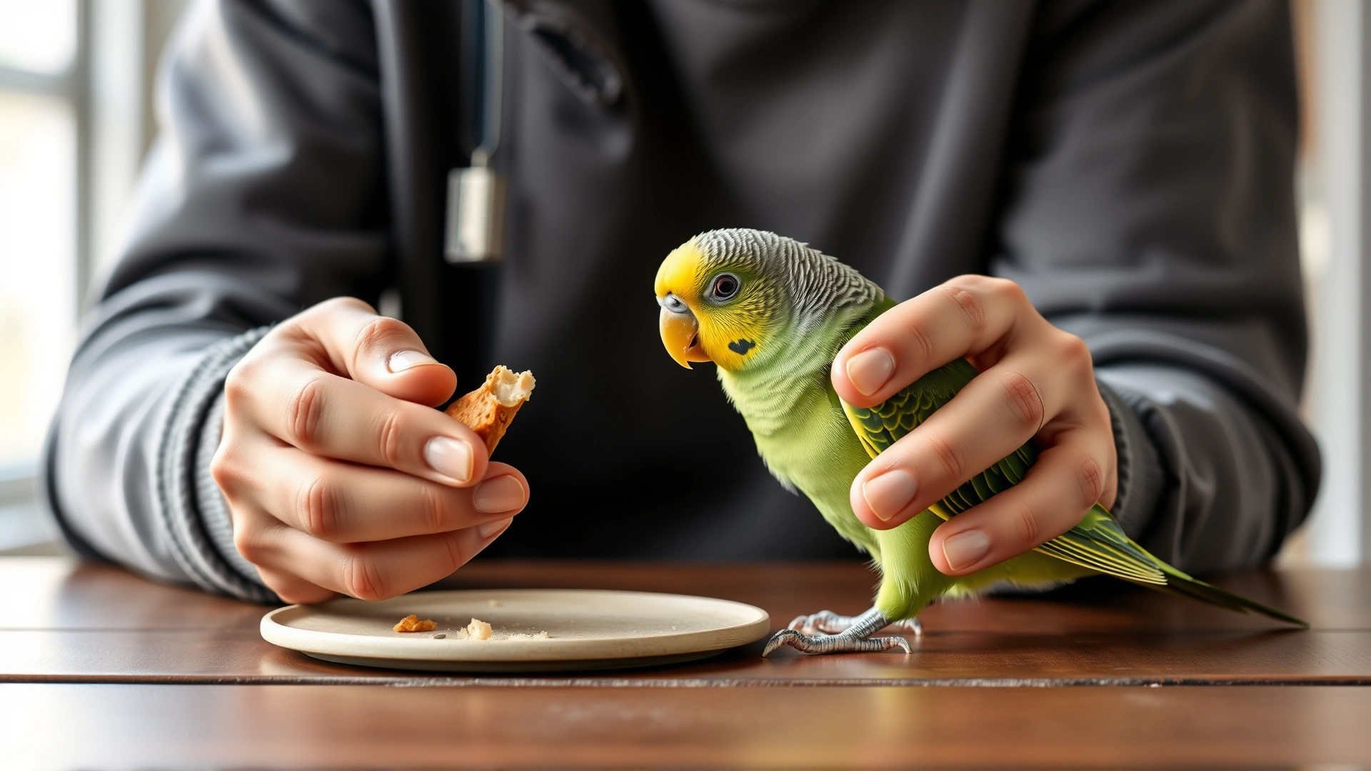 Pet owner offering a small healthy treat to a green parakeet during a training session on a wooden table, soft natural lighting.