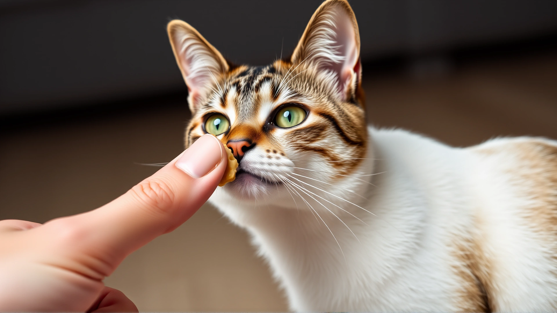 Human hand offering a small healthy treat to a curious senior cat with bright green eyes, showing positive reinforcement.