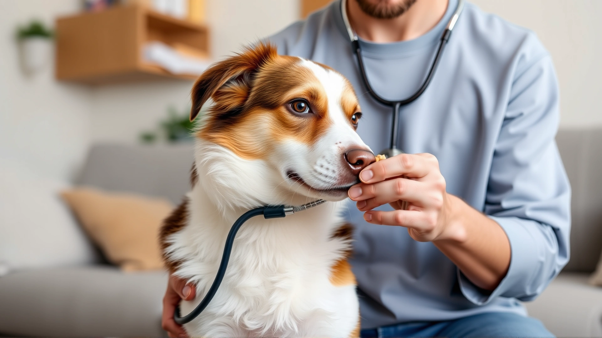 Owner holding a stethoscope near a dog's chest at home while giving high-value treats to simulate a mock veterinary exam.