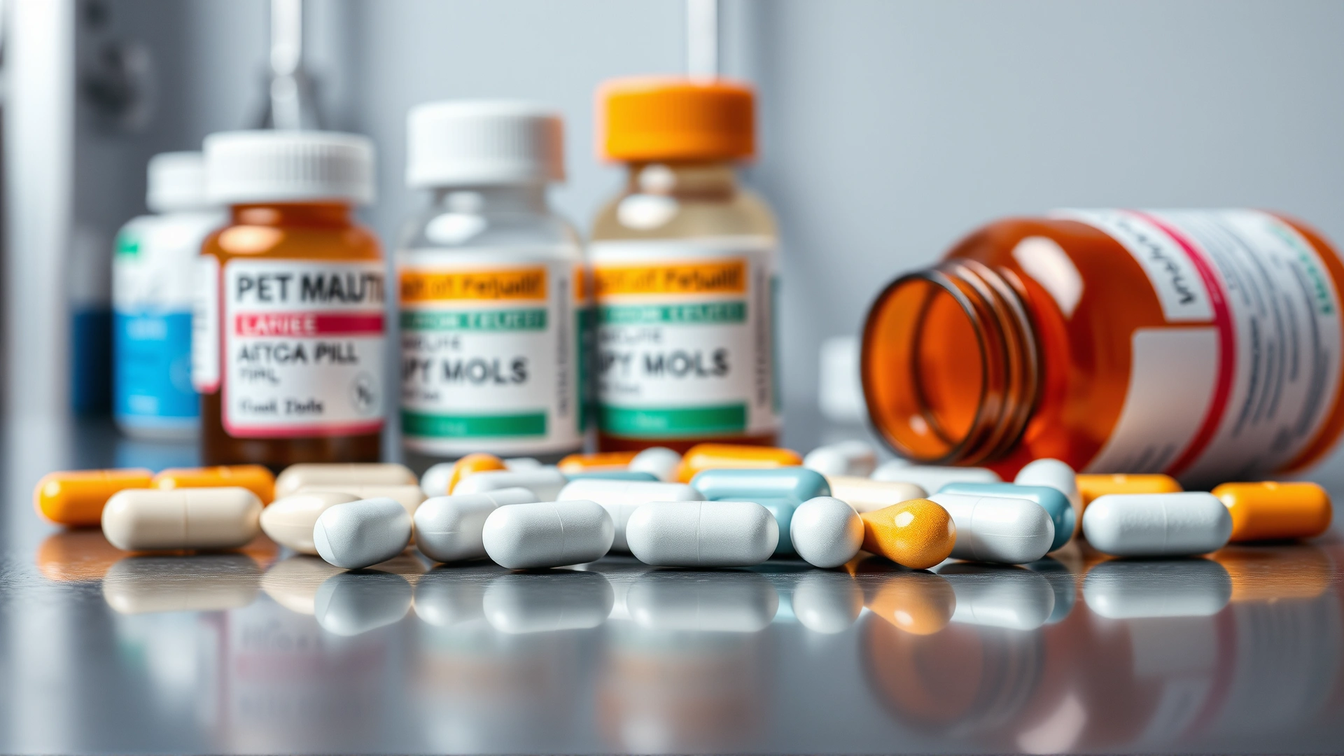 Close-up of various canine medication pills and a prescription bottle on a stainless-steel veterinary countertop