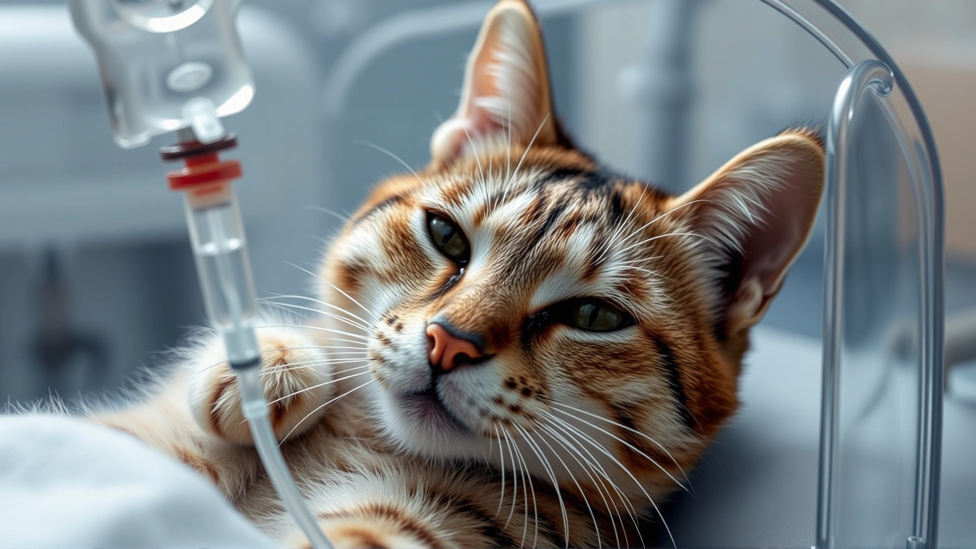 An intravenous drip connected to a hospitalized cat resting in a transparent oxygen cage.