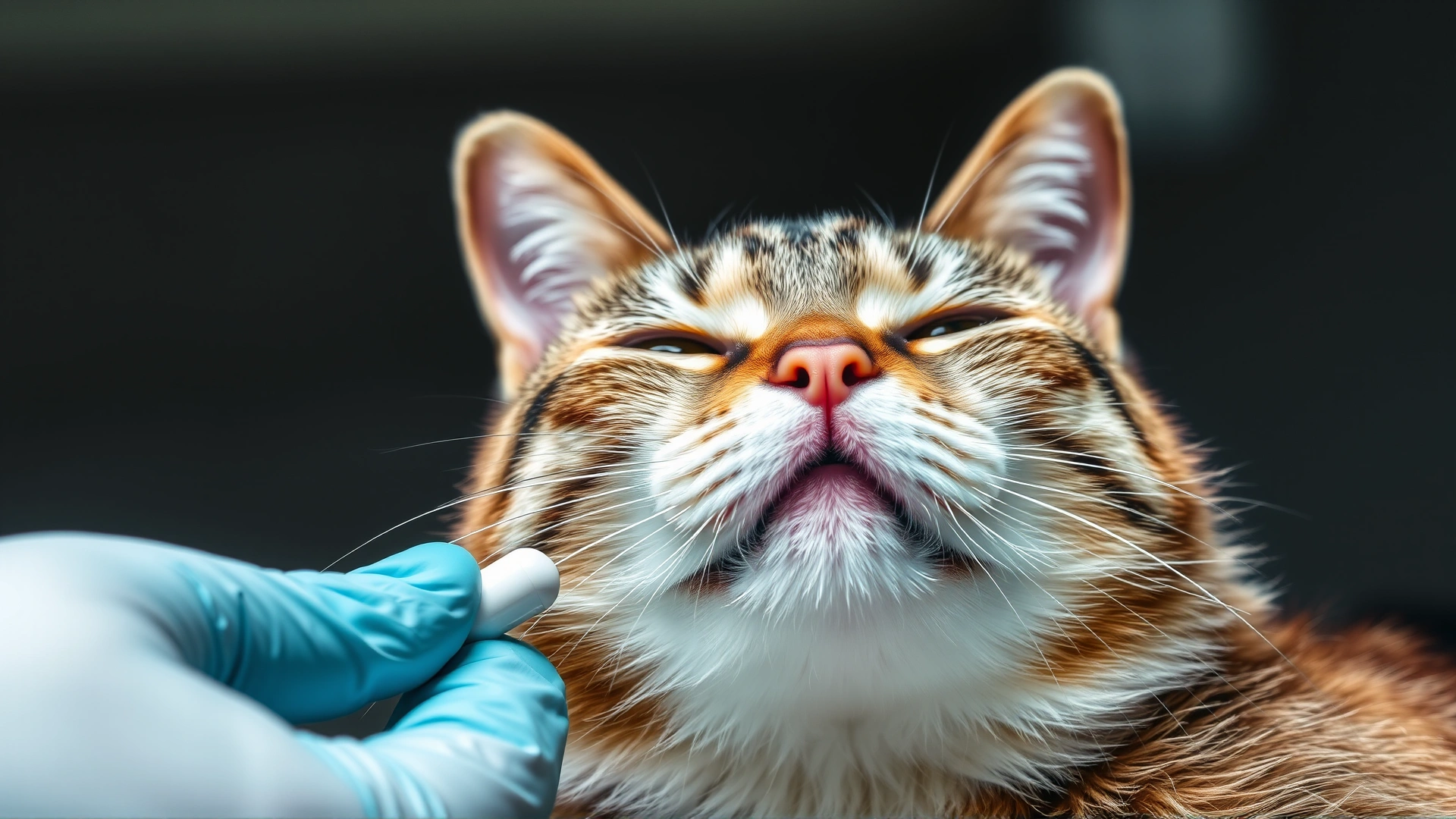 Close-up of a veterinarian's hand giving an oral pill to a calm cat, displaying safe administration of medication.