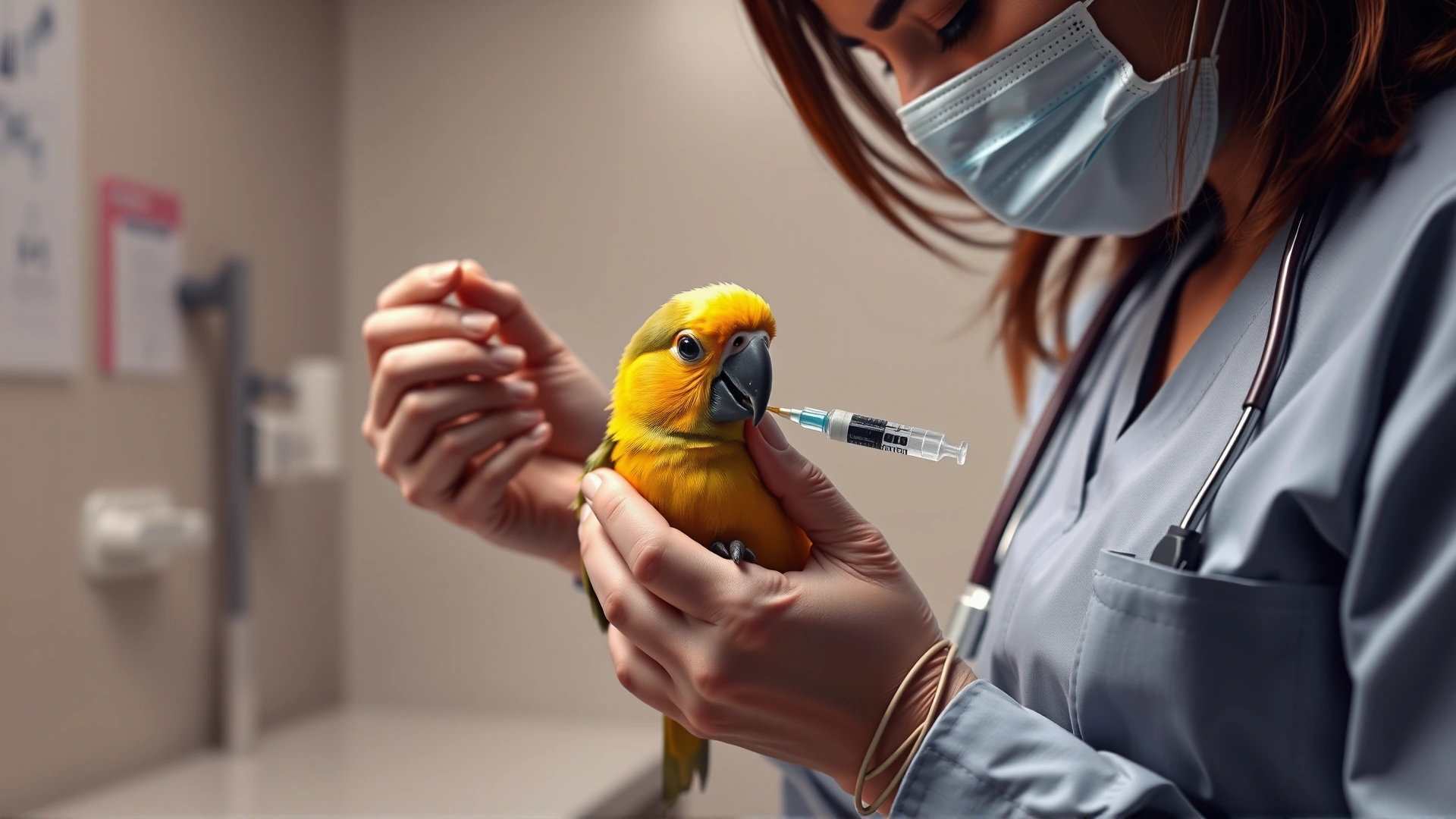 Veterinarian gently holding a small parrot while administering oral medication with a syringe in a well-lit clinic setting.