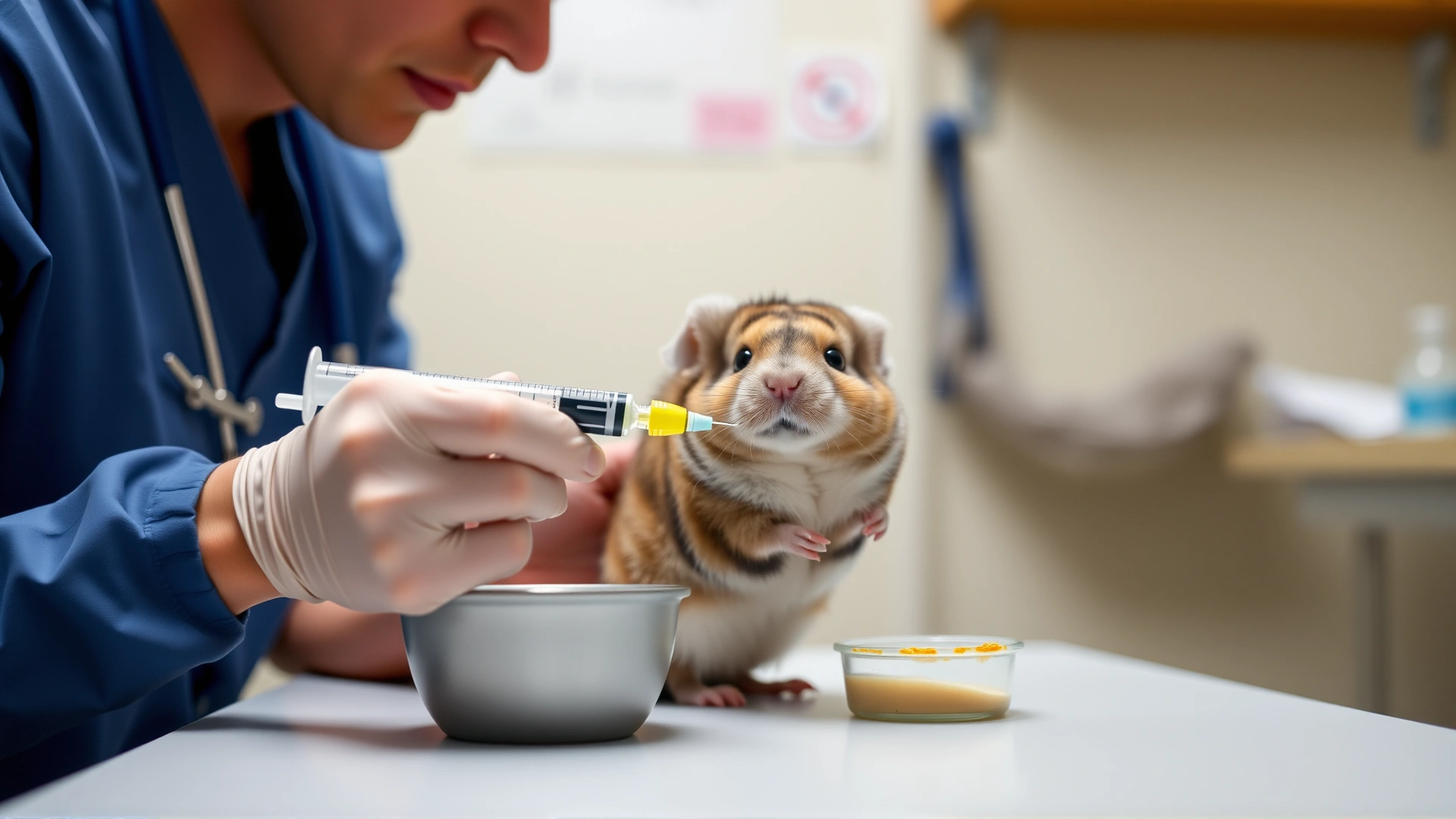Action shot of a vet technician administering liquid food to a chinchilla with a small syringe, calm environment, focus on the animal and syringe, no text or graphics