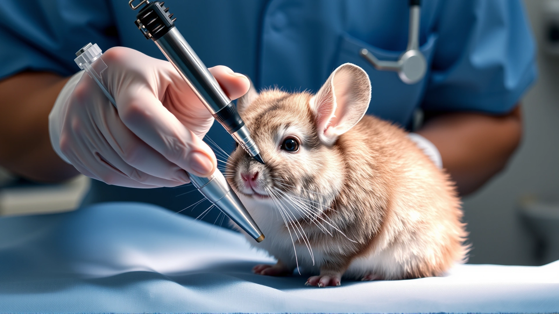Veterinarian performing endoscopic procedure on a chinchilla under mild anesthesia, sterile surgical table