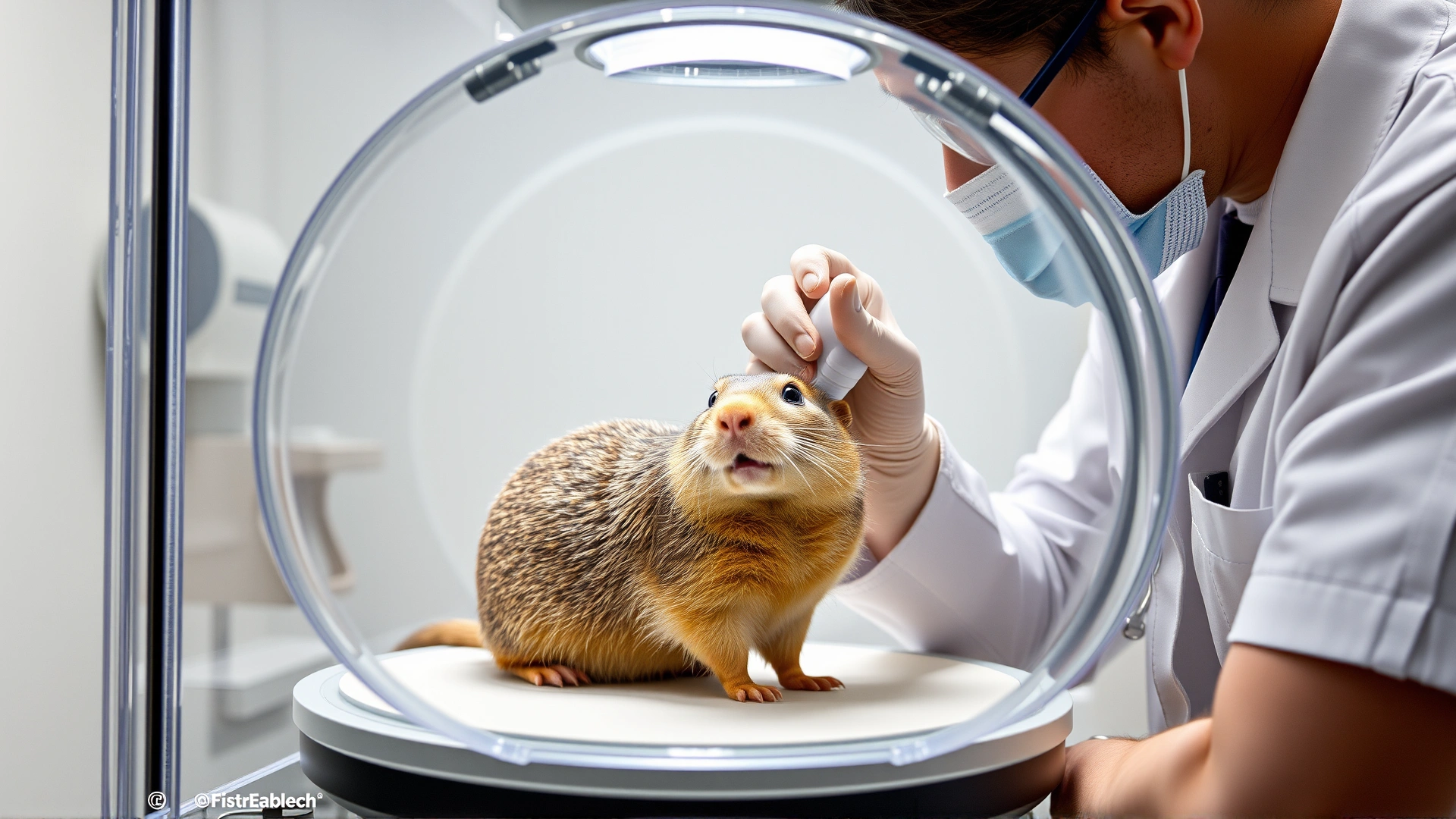 Veterinary technician administering nebulizer treatment to a prairie dog inside a clear acrylic chamber, clinical setting