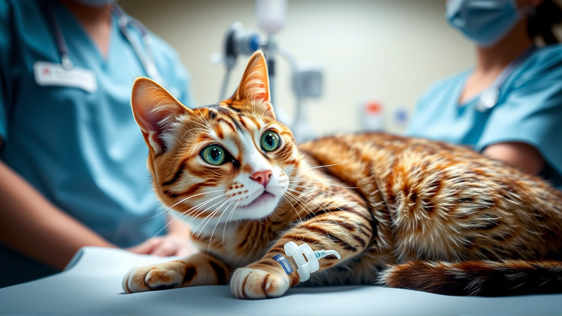 Cat receiving chemotherapy through an IV at a veterinary oncology ward, with caring staff and soft lighting to reduce anxiety.
