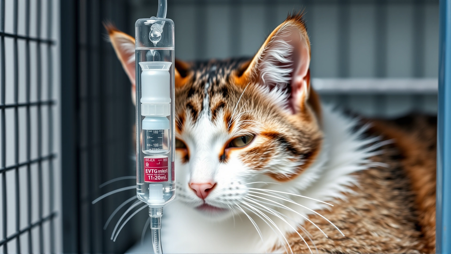 IV fluid drip attached to a calm cat resting in a veterinary hospital cage, focus on hydration therapy, no text