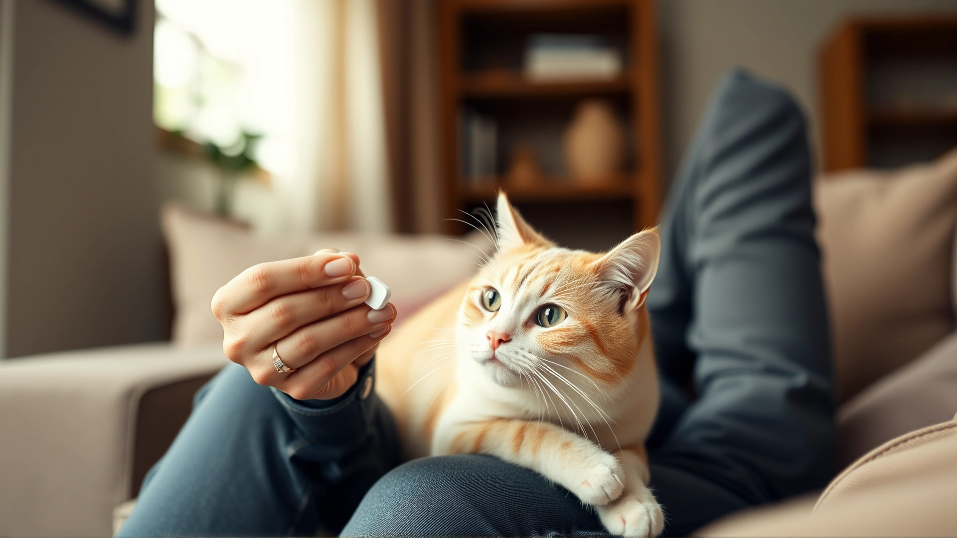 Owner giving an oral deworming tablet to a cooperative cat in a comfortable living room setting, reassuring mood