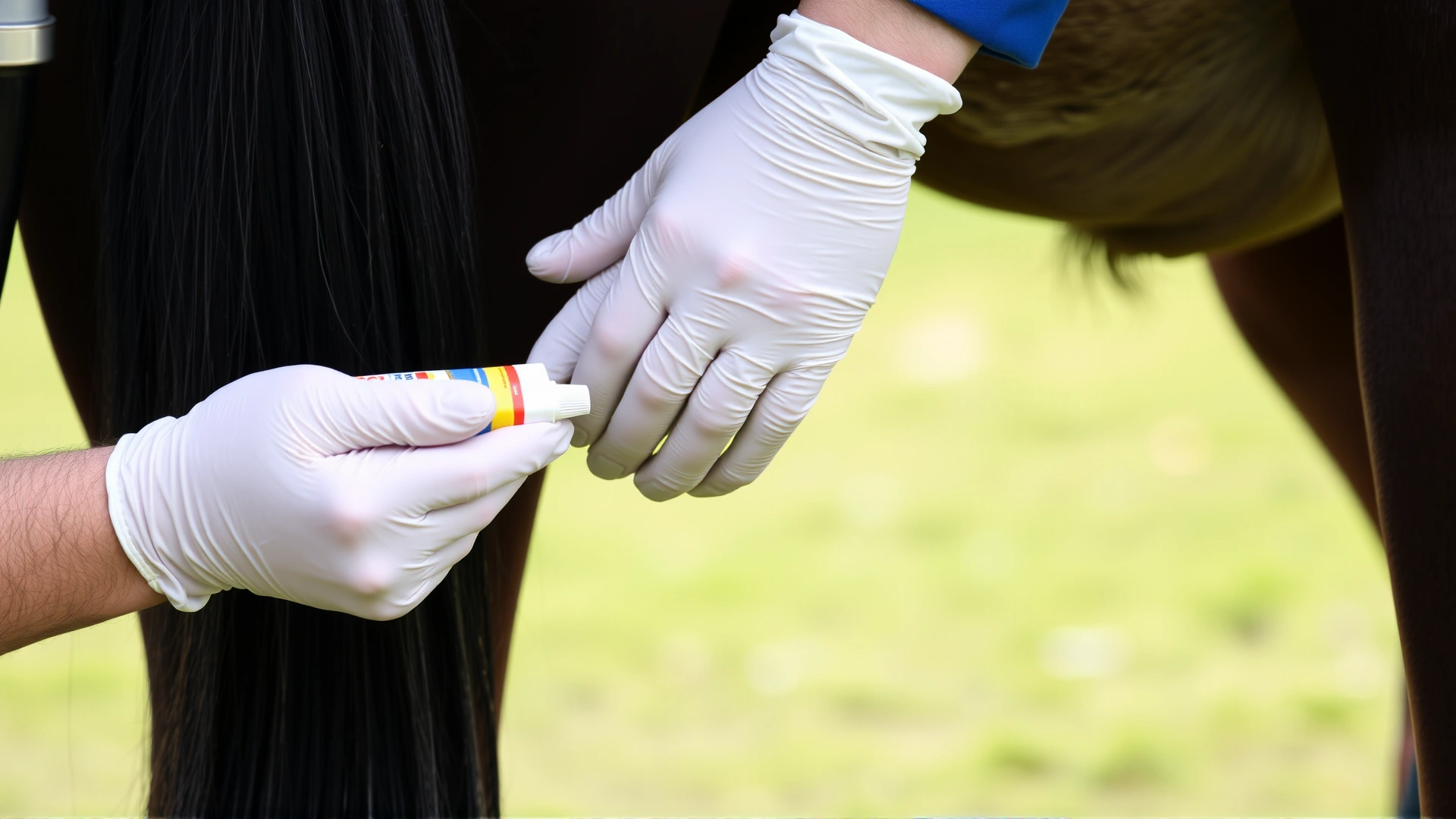 Close-up of a vet applying topical antibiotic ointment to a horse's genital region with gloved hands.
