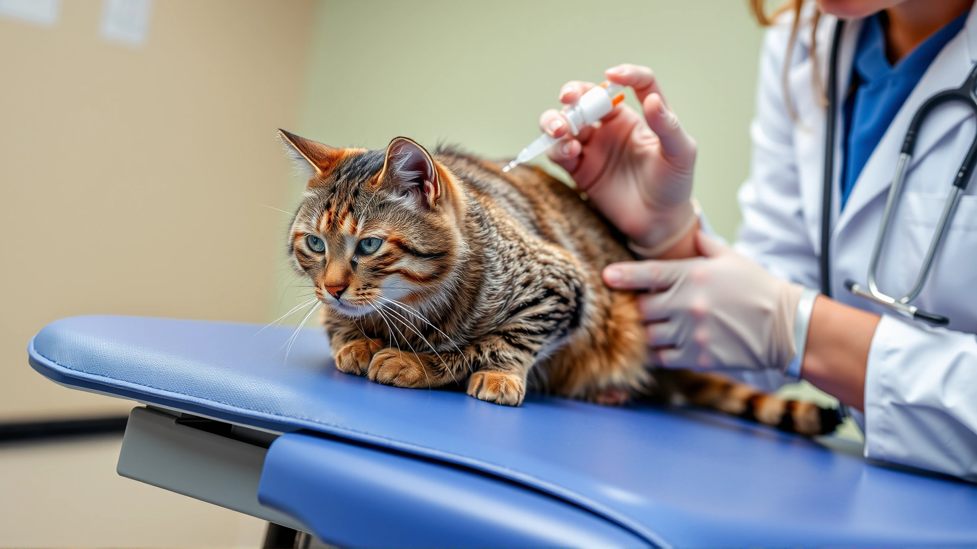 Image of a veterinarian in white coat gently administering eye drops to a calm tabby cat on an exam table