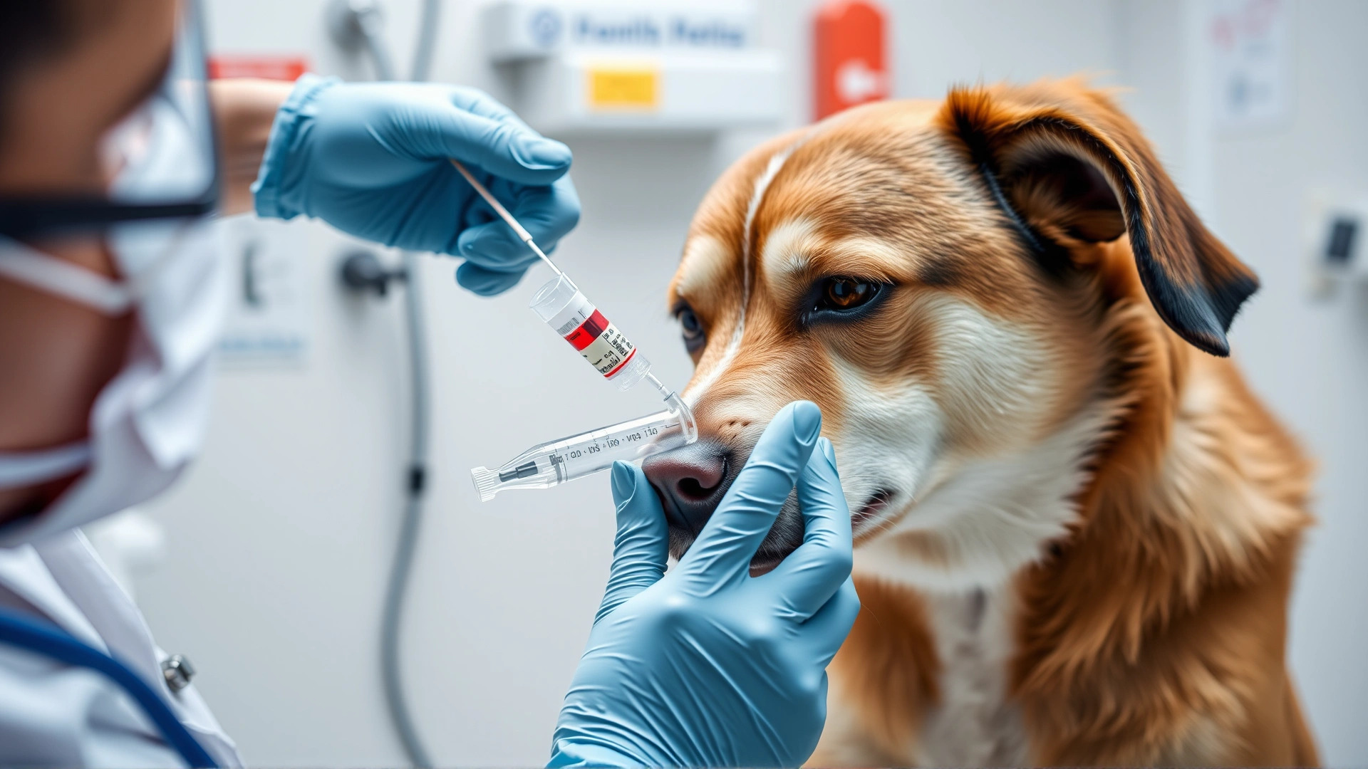 Veterinarian administering intravenous medication to a dog via IV catheter, close-up on the IV line and dog's leg, sterile clinic surroundings