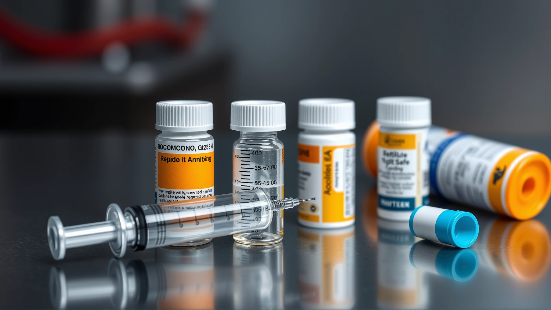 Close-up of a syringe with antibiotic next to reptile-safe topical ointment tubes on a stainless steel table, medical context