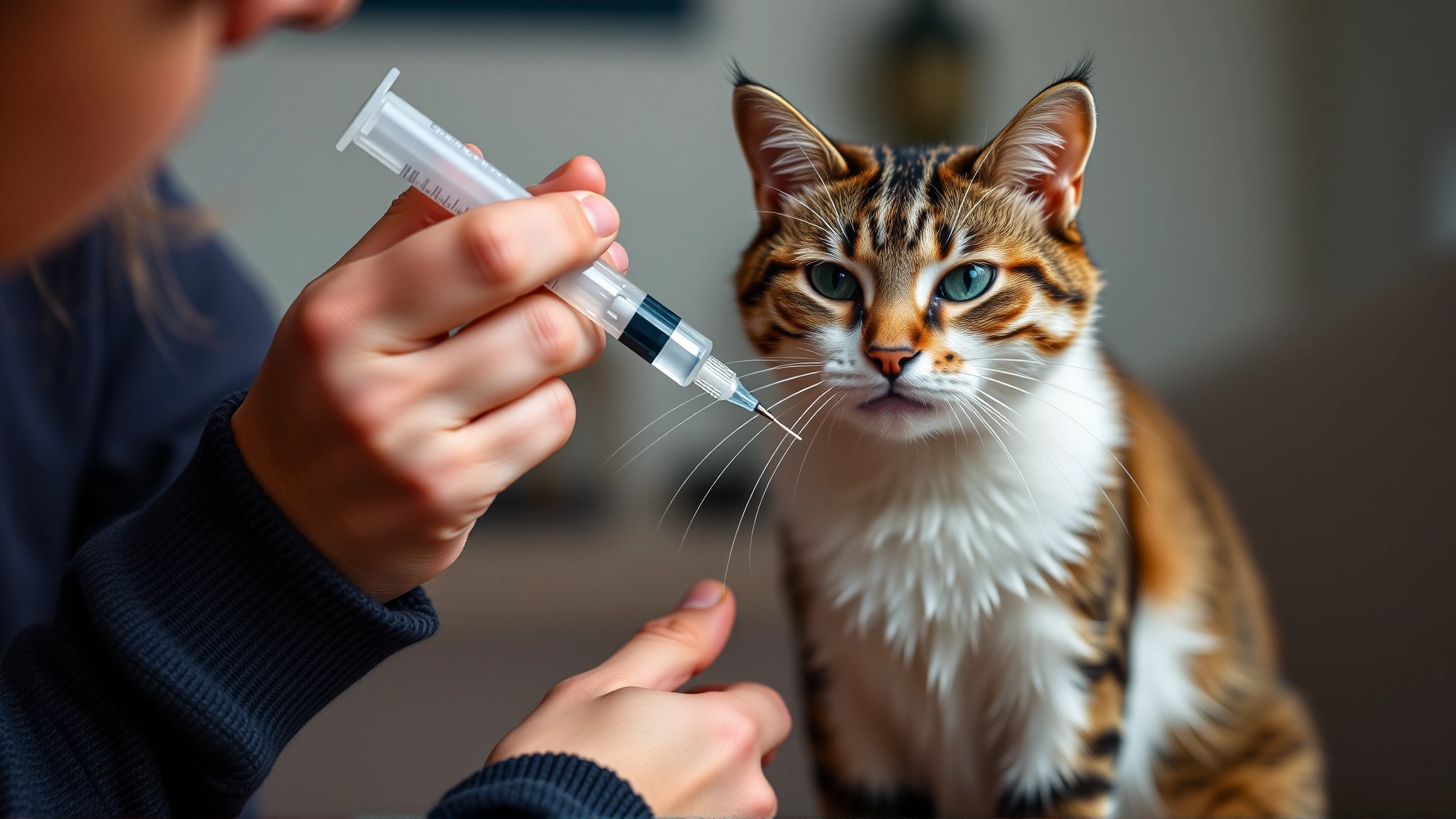 Cat owner administering liquid medicine to a cooperative cat using an oral syringe at home.