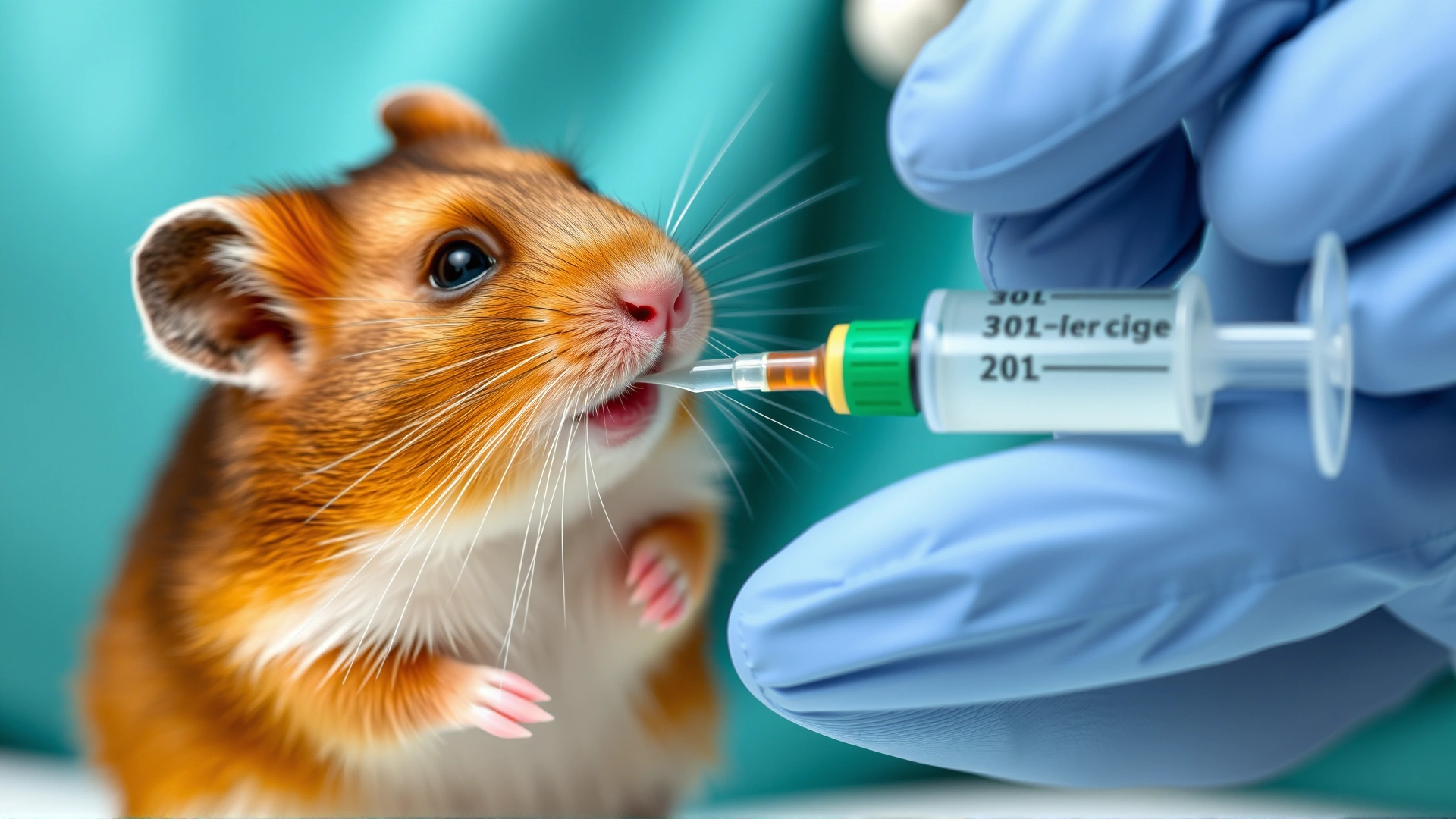 Close-up photo of a vet hand giving oral medication to a hamster using a tiny syringe.