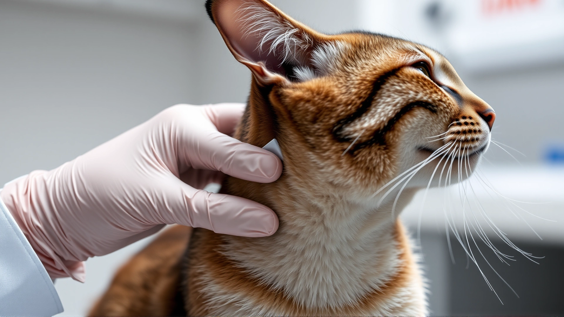 Hand wearing latex glove applying topical treatment on the back of a short-haired cat's neck, clean clinical setting.