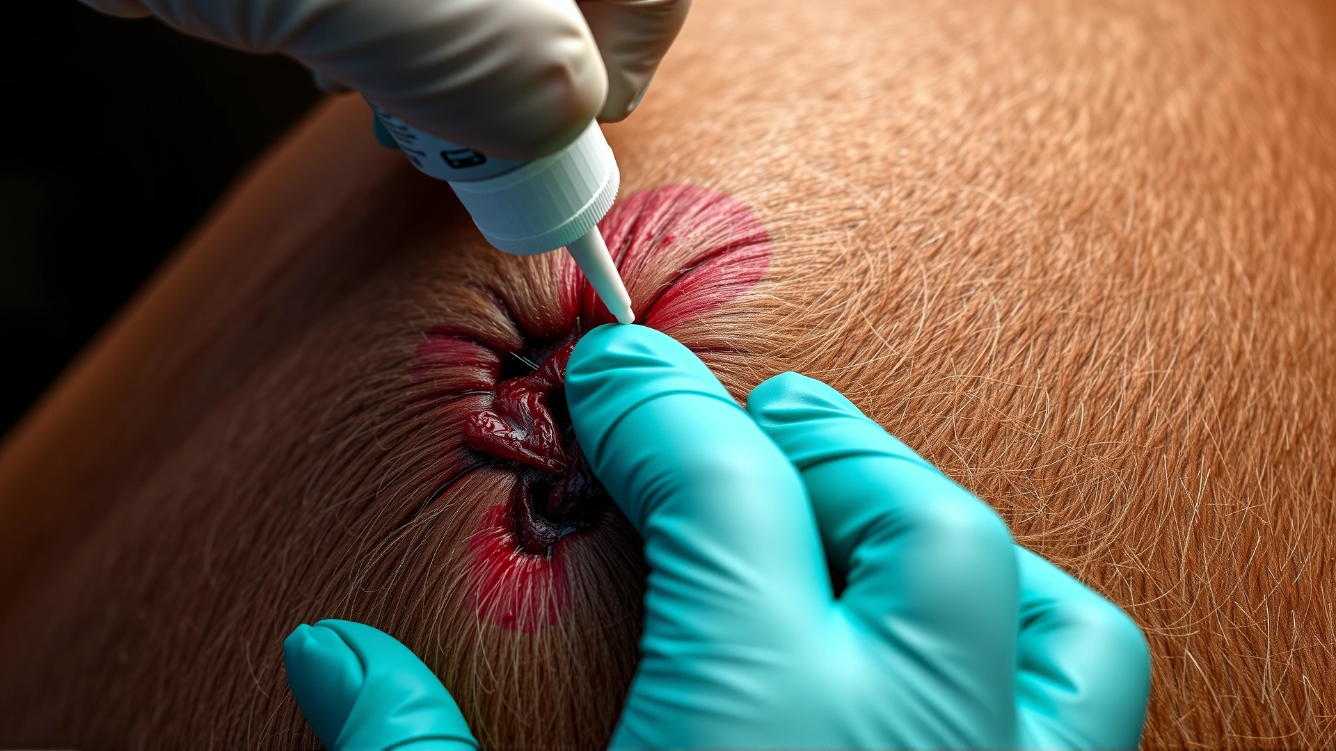 Close-up of a gloved hand applying antiseptic ointment to a sutured incision on a horse's skin after cyst removal