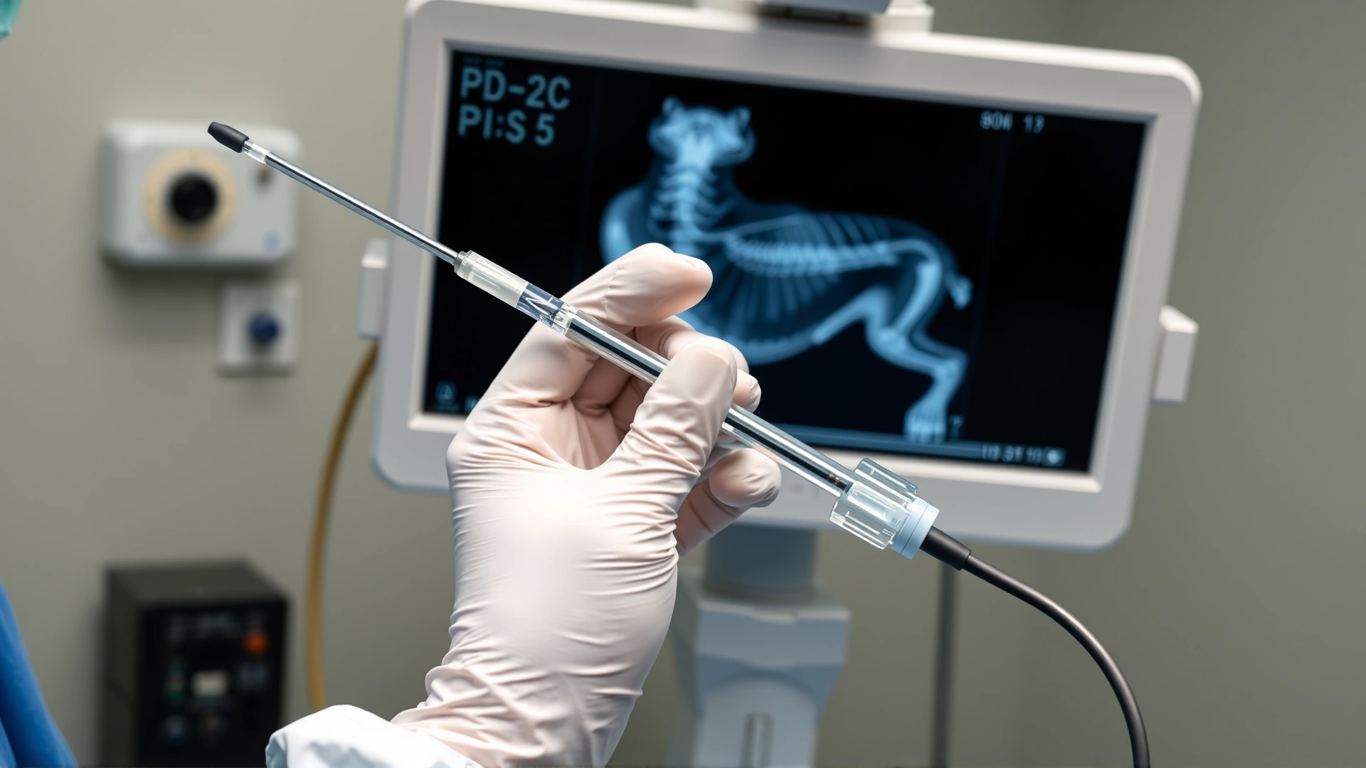Close shot of veterinary surgeon’s gloved hands holding an esophageal balloon dilation catheter next to an X-ray monitor, operating room background
