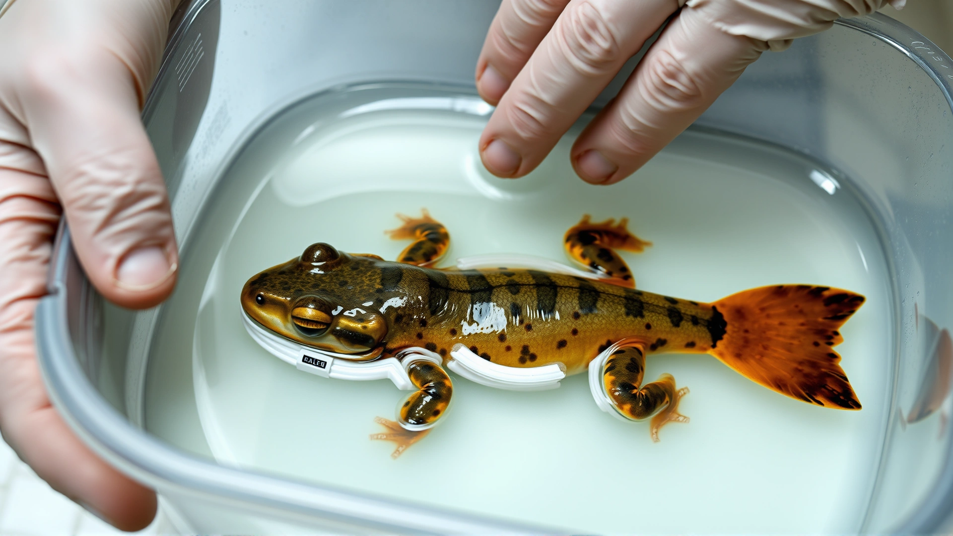 Amphibian soaking in a shallow, clear antifungal bath inside a clean container, hands with gloves holding the container.