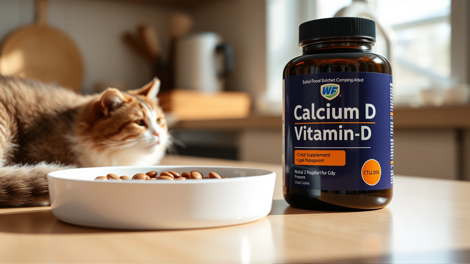 Close-up photo of a bottle of calcium and vitamin D supplements next to a bowl of cat food on a kitchen counter, natural lighting.