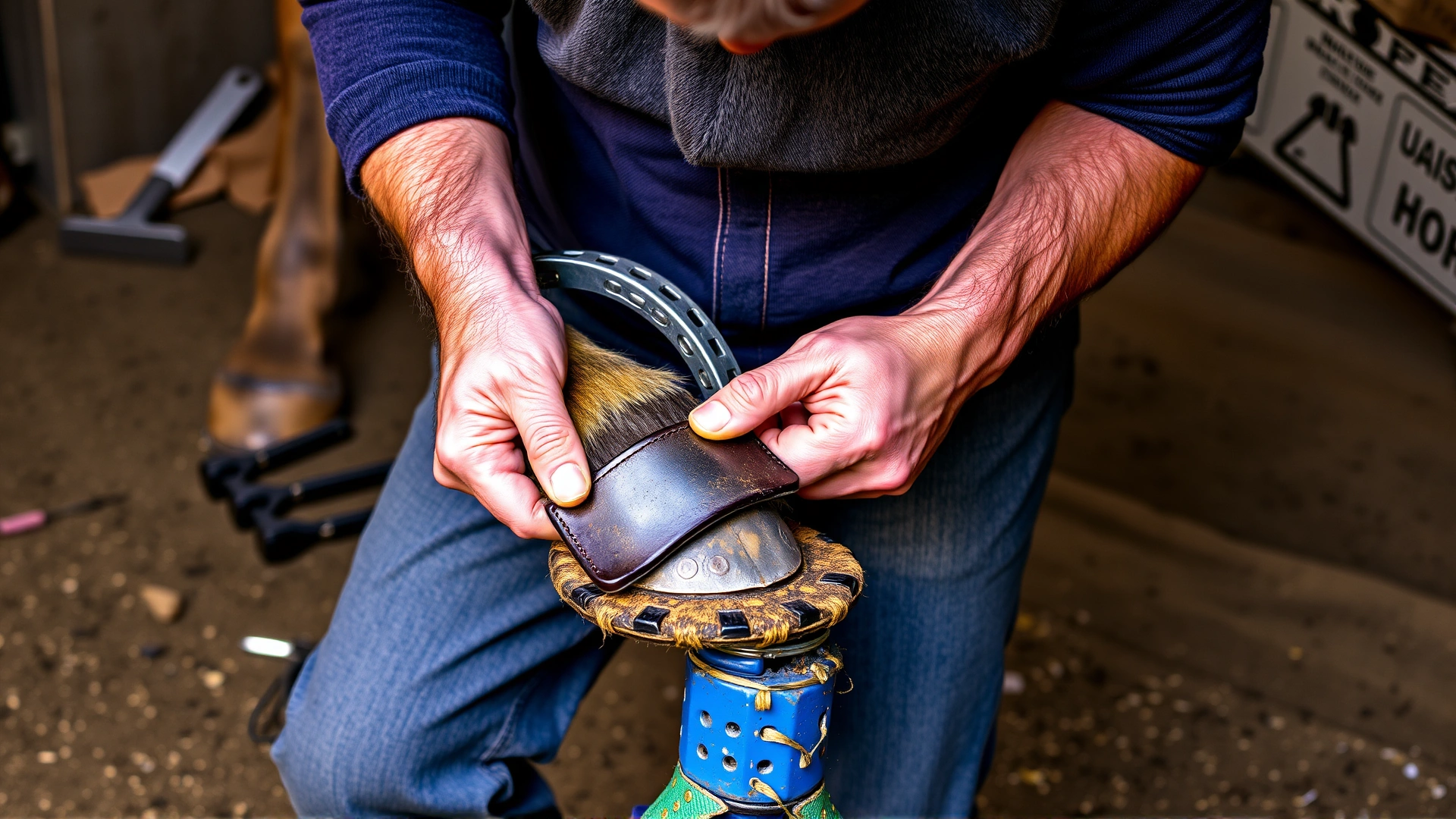 Farrier carefully removing a horseshoe and trimming the sole of a horse's hoof on a hoof stand.